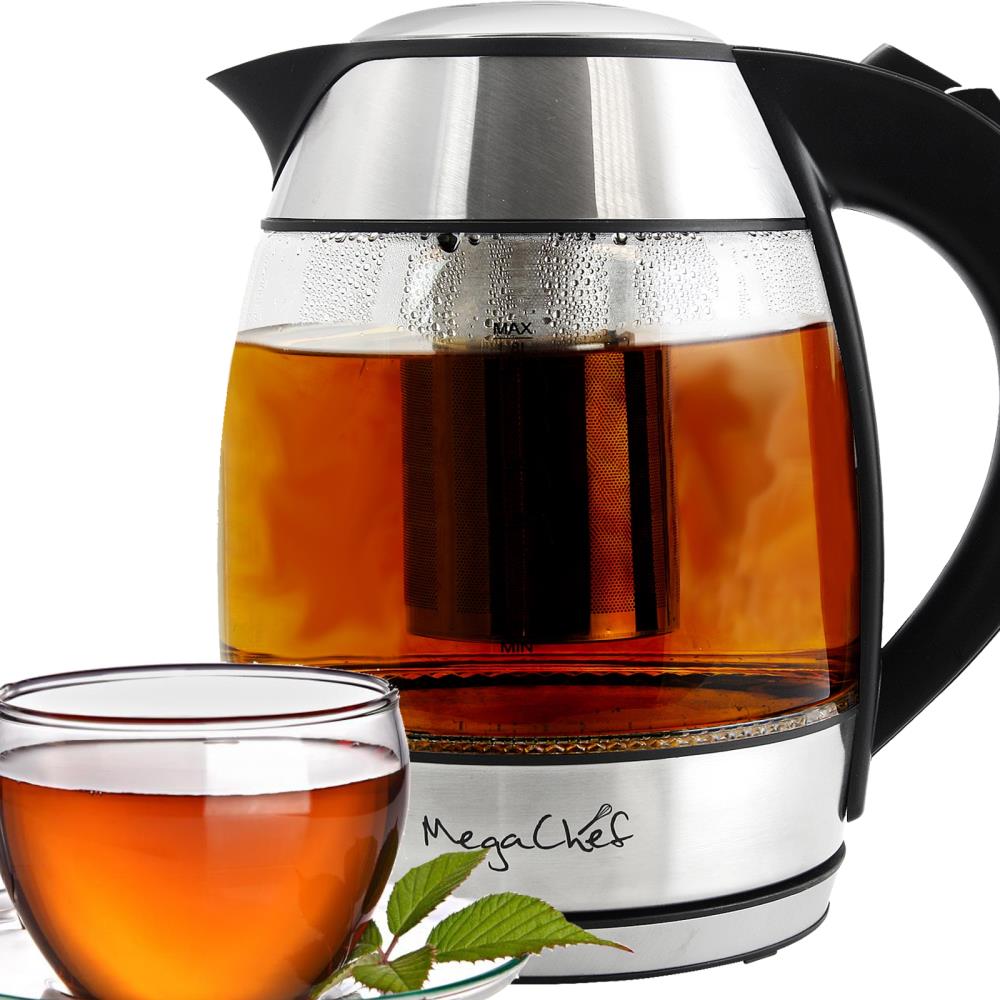 MegaChef 1.8Lt. Glass Body and Stainless Steel Electric Tea Kettle with Tea  Infuser
