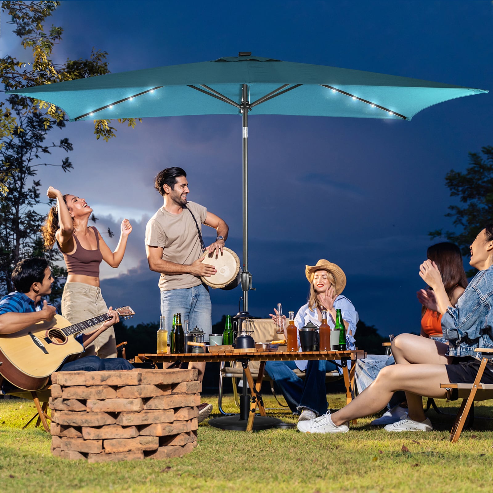 Teal Rectangular Solar LED Patio Umbrella with Steel Frame