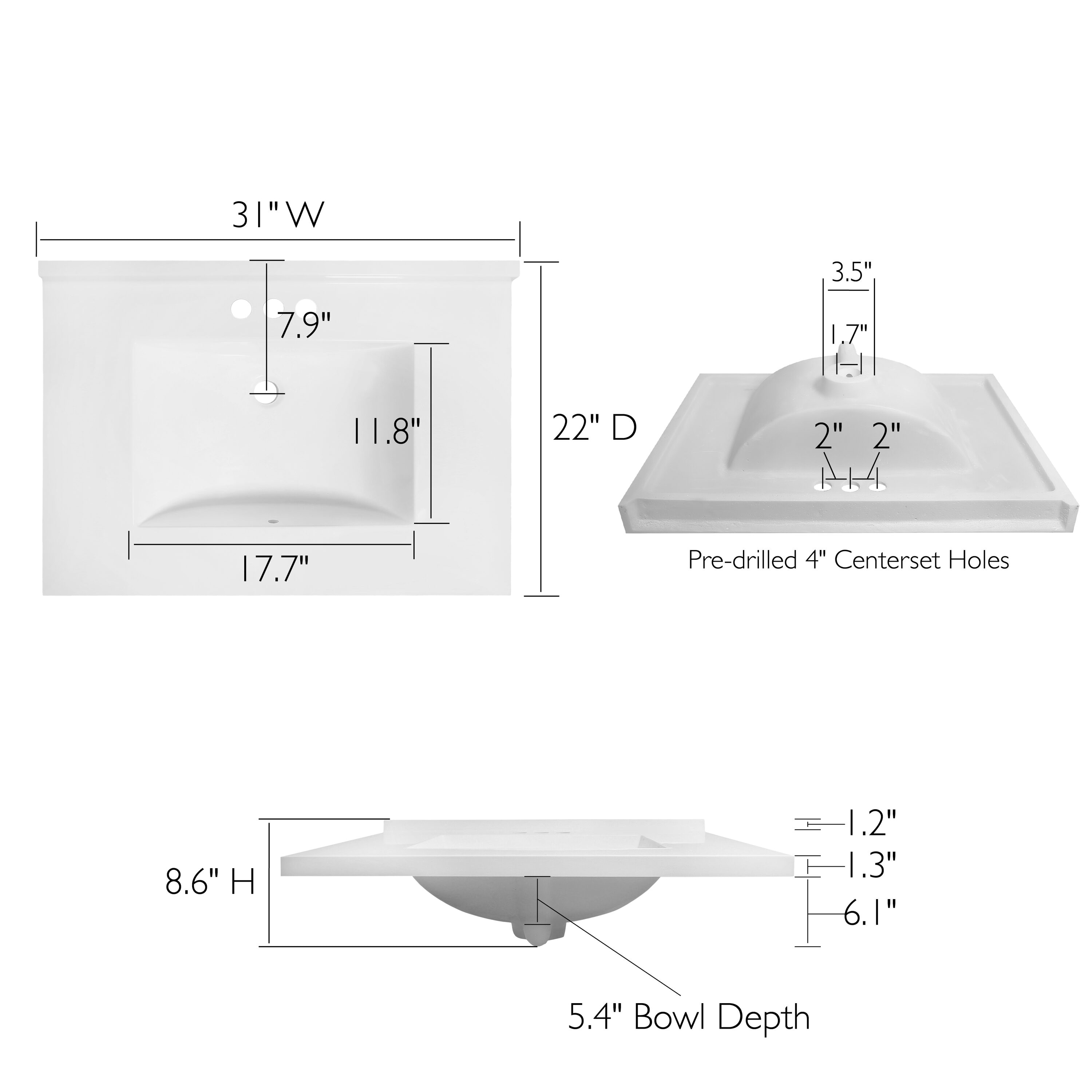 31-Inch Solid White Cultured Marble Vanity Top with Backsplash