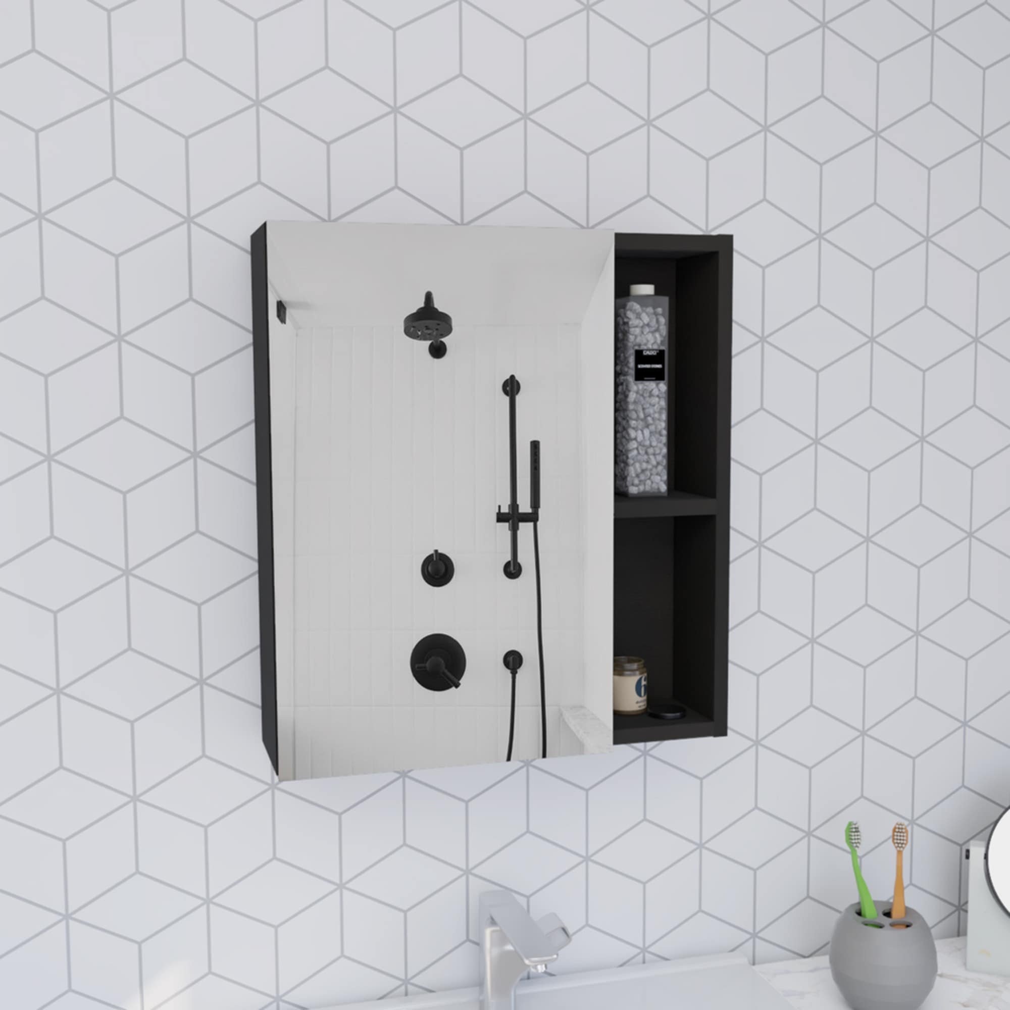 HyperDrop Cart 19 H Particle Board Medicine Single Door Cabinet with Mirror Five Interior Shelves