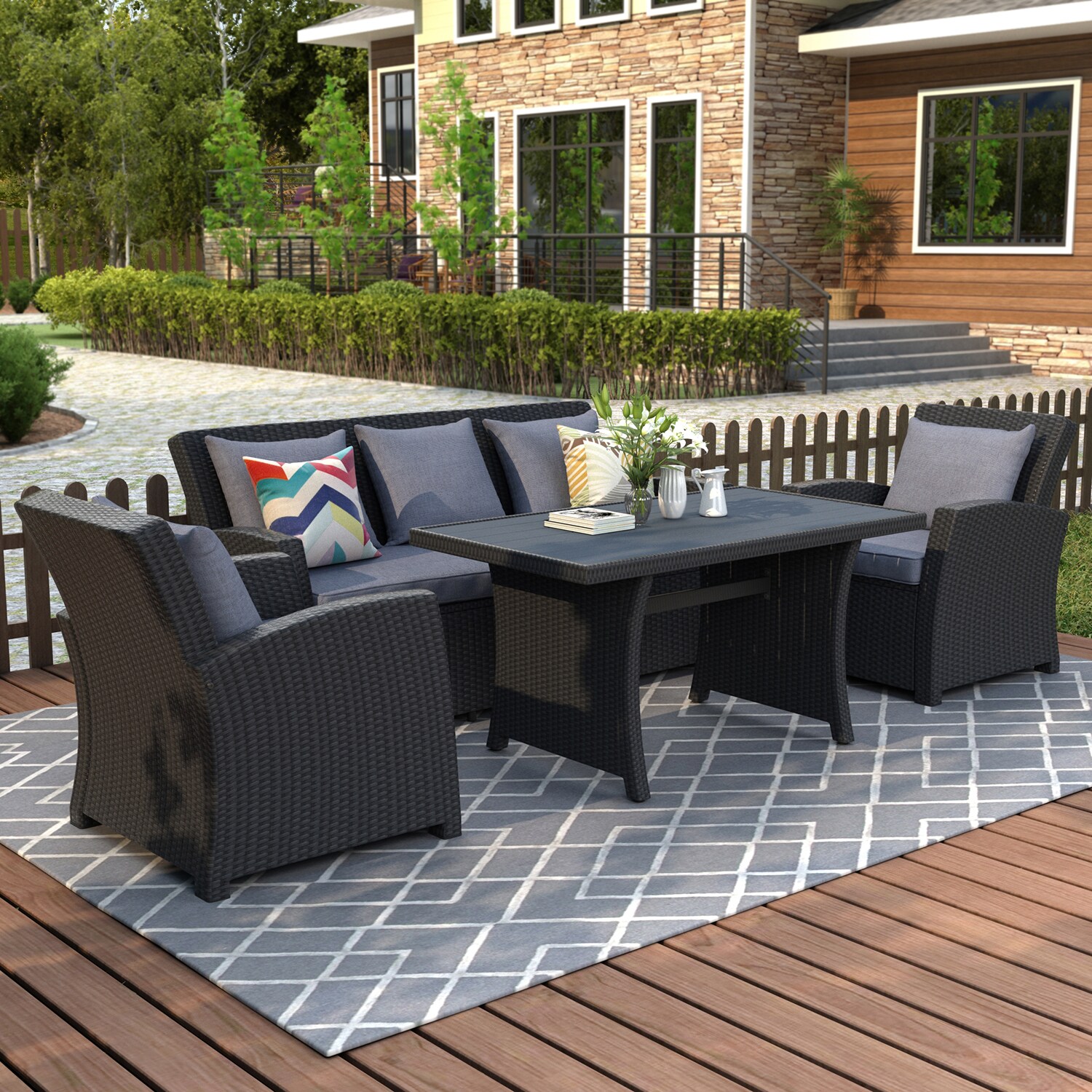 Bybafun YA7100004 4 -Piece Rattan Patio Sofa Conversation Set with Gray Cushions