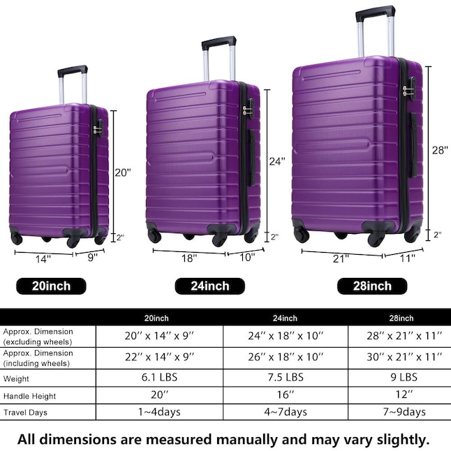 CASAINC Purple Hardshell Luggage Sets 3 Pcs Spinner Suitcase with Lock ...