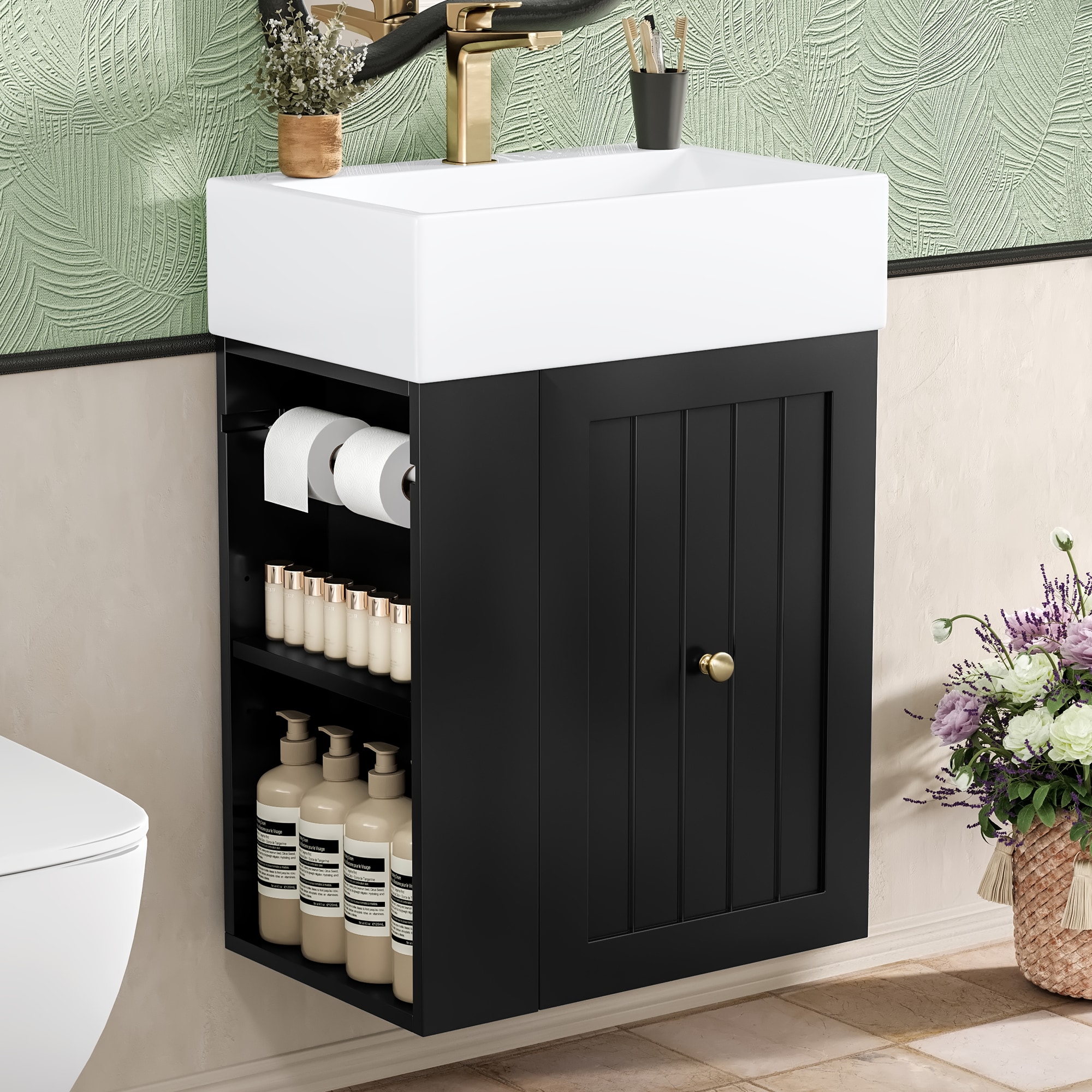 Homy Casa 20-in W Black Bathroom Vanity with Soft Close Drawers Wall-Mounted Design Ceramic Sink Side Storage