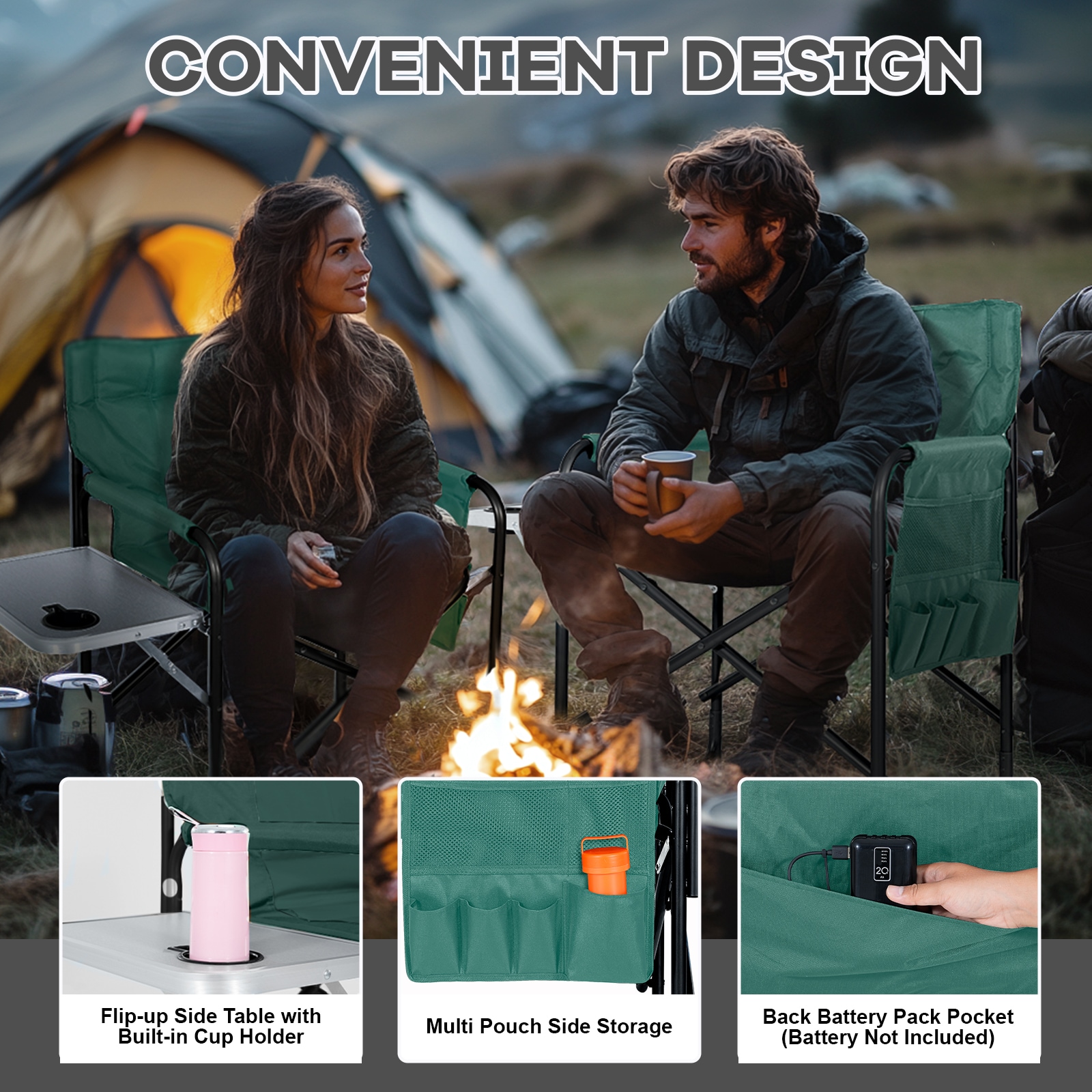 Green Heated Steel Folding Director's Chair with Side Table