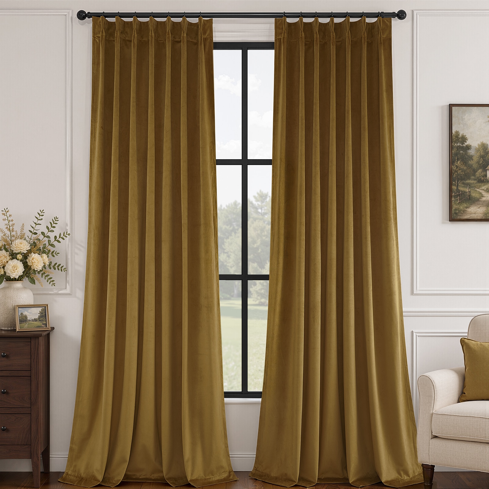 Topfinel  96-in Gold Velvet Blackout Pinch Pleated Curtain panel pair