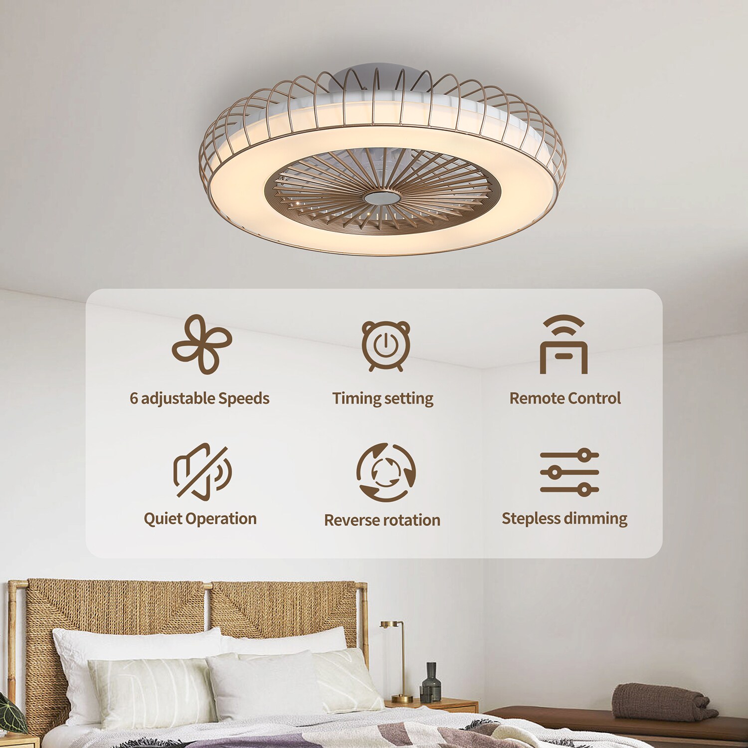 SINOFURN 20-in Gold Color-changing Indoor Flush Mount Smart Bladeless ...