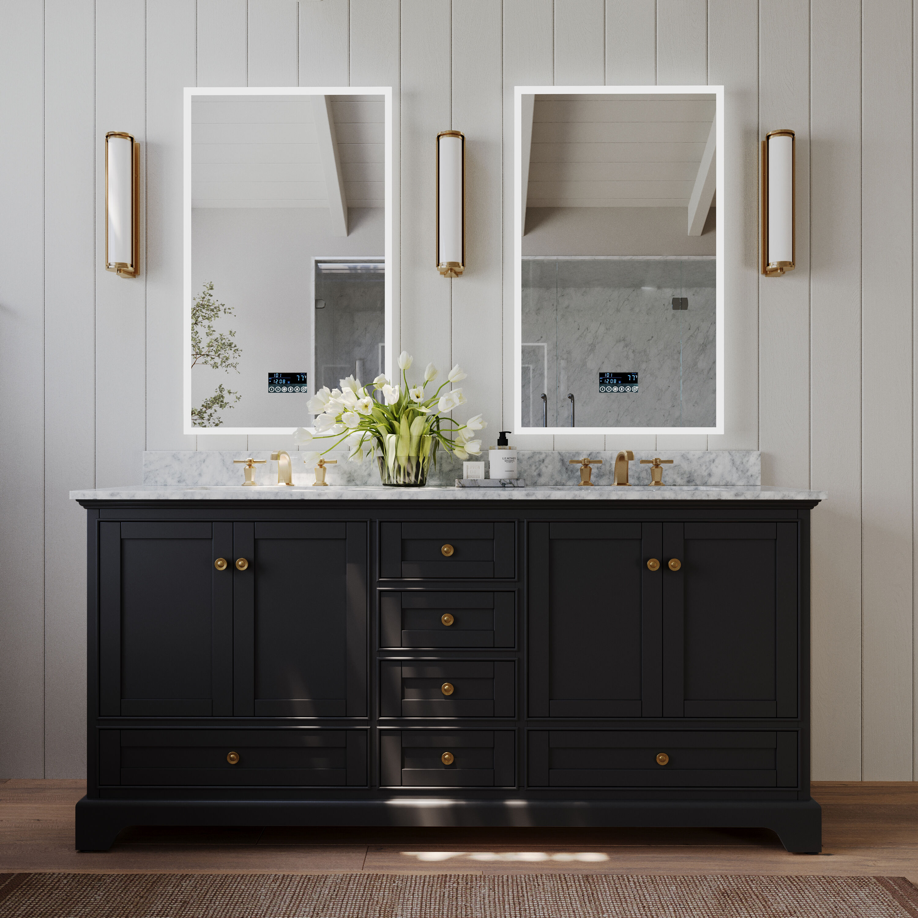 Ancerre Designs VTSAUDREY72BOCWGD Audrey 72-in Black Onyx Undermount Double sink Bathroom Vanity with Carrara White Natural marble Top
