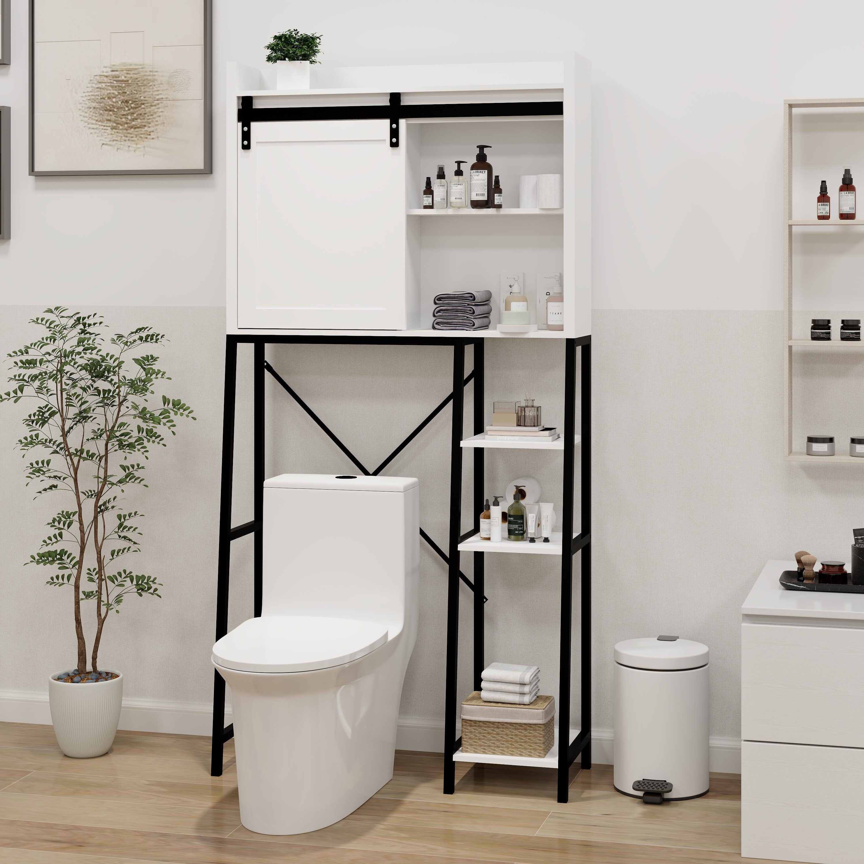 KTMBDW Over The Toilet Storage Cabinet - Farmhouse Storage Cabinet Over Toilet with Sliding Door for Bathroom - White