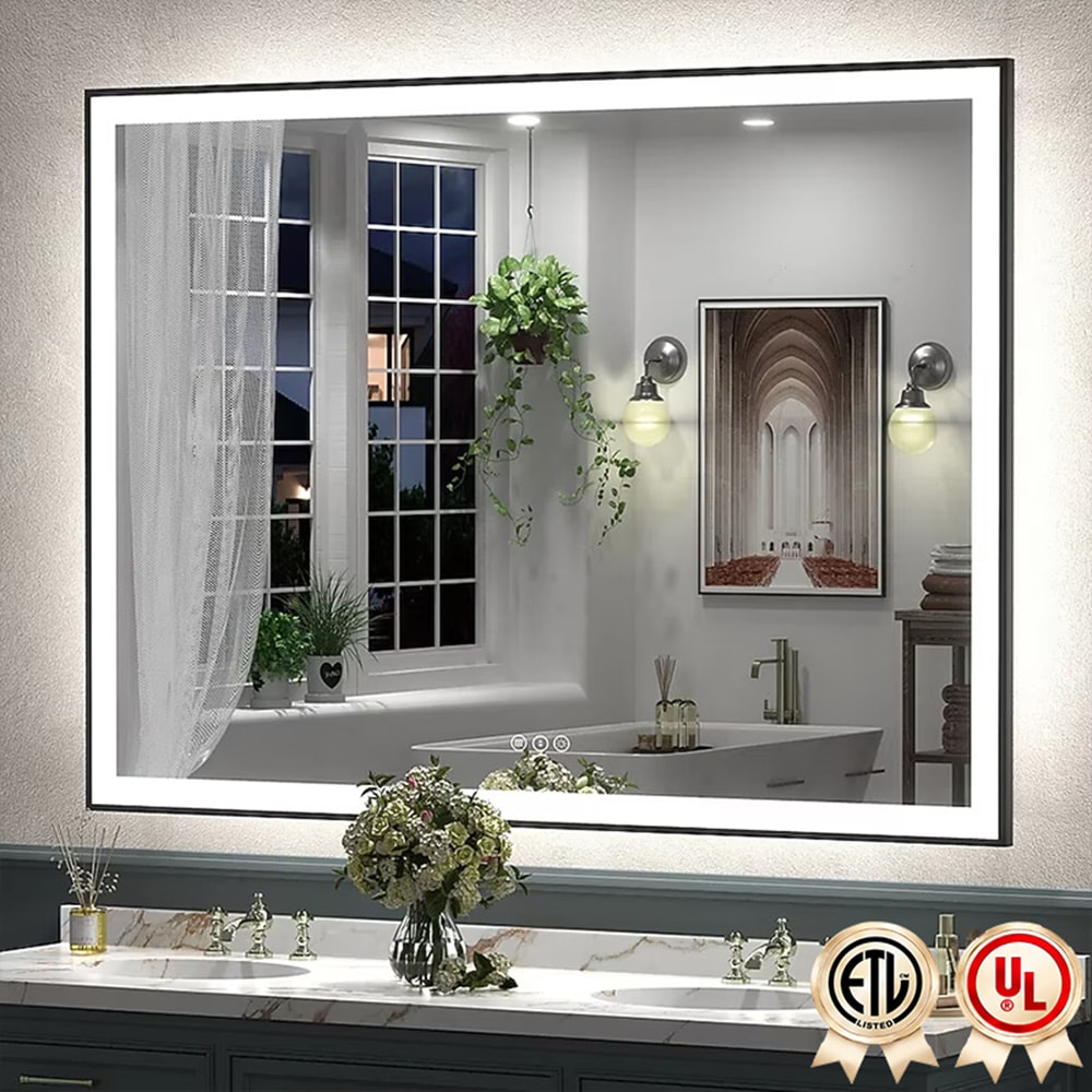 YQP 55x40 Inch UL Certified Front + Back LED Anti-Fog Tempered Glass Black Framed Bathroom Vanity Mirror