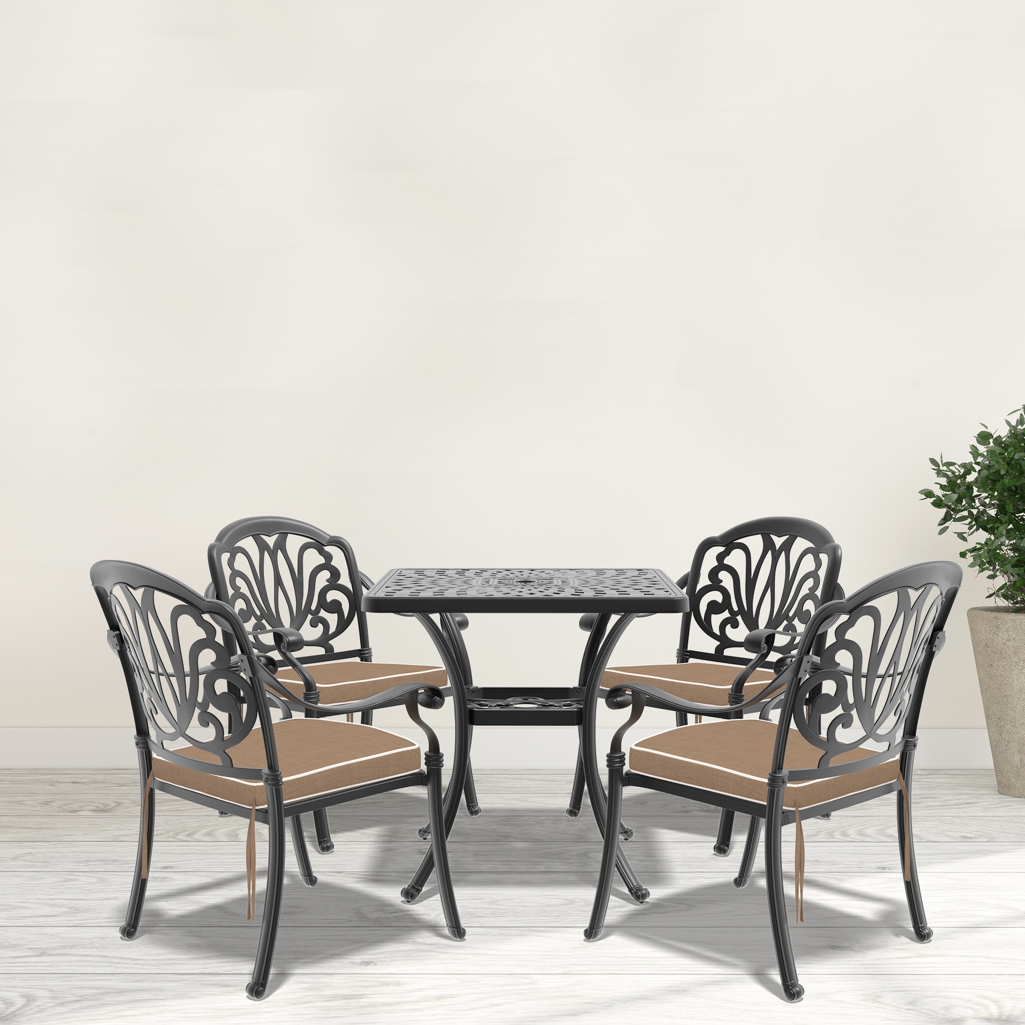 nicesure SLBK6002CZ4A1125RC 5 -Piece Black Patio Dining Set Aluminum Square Table with 4 Cushions Stackable Stationary Chairs