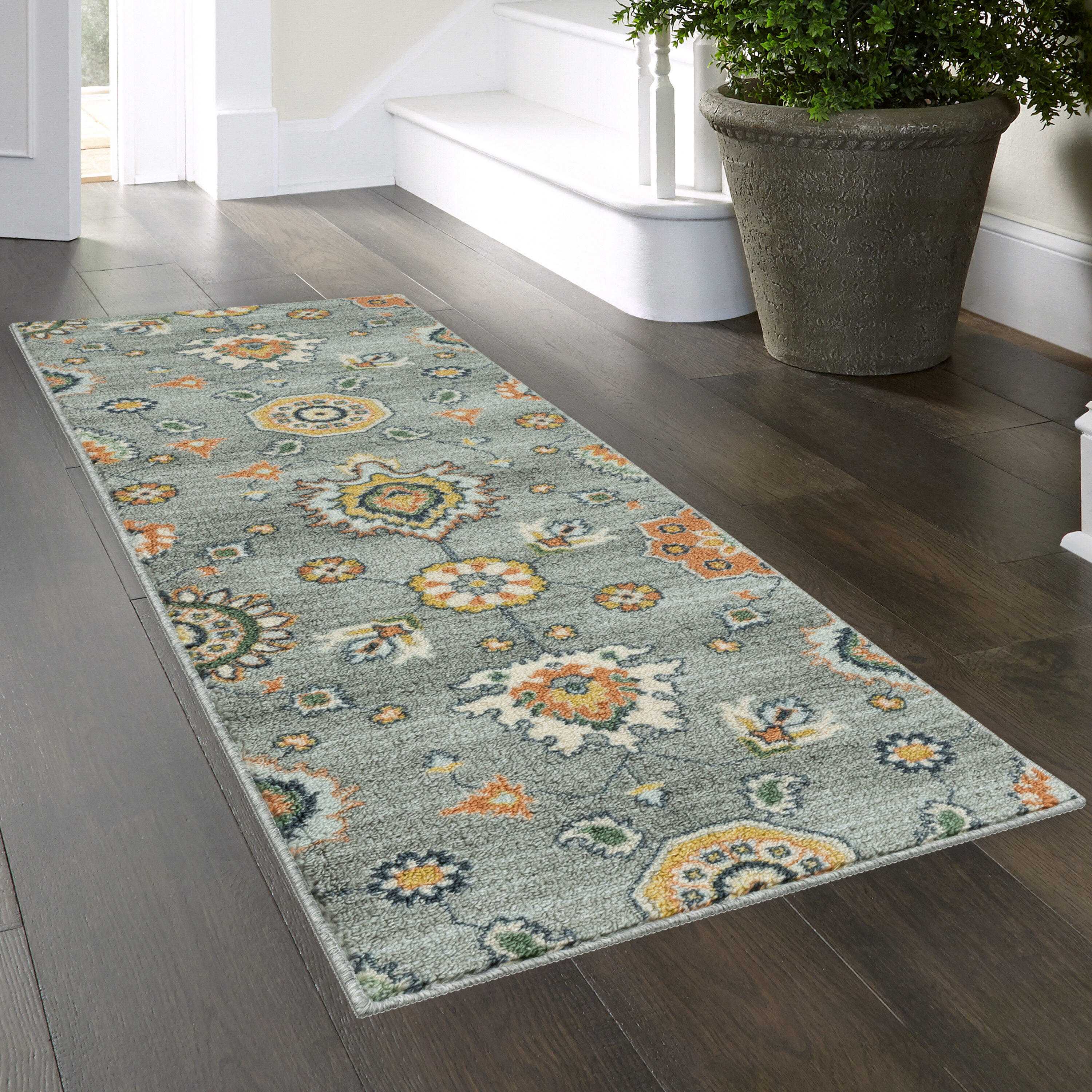 Radiant Gray Floral Tufted Polyester Runner Rug, 2' x 6'