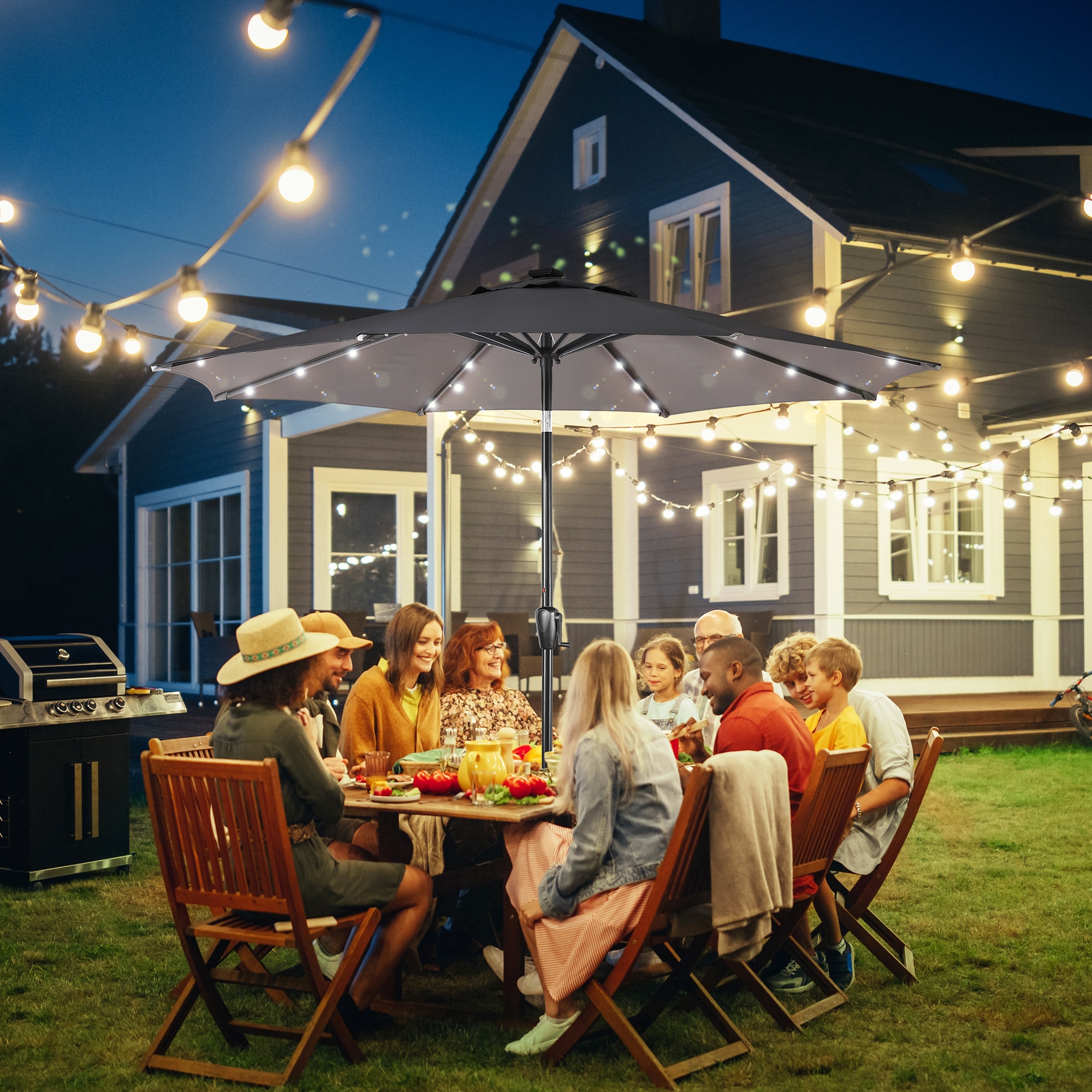 Gray 9' Round Steel Patio Umbrella with Solar LED Lights