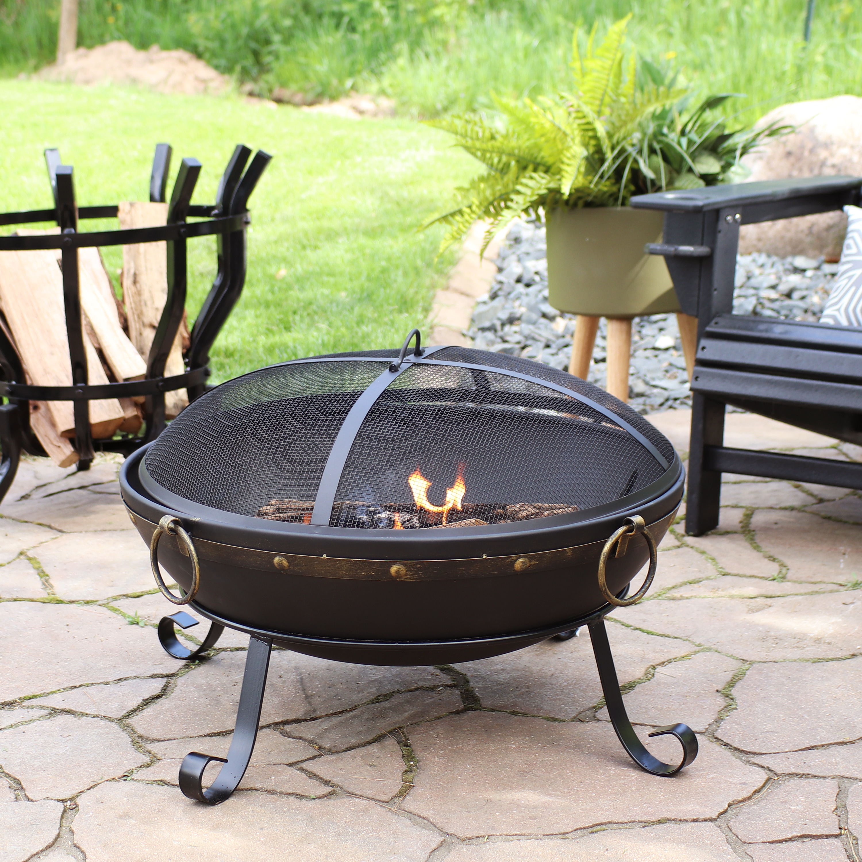 Victorian 25" Black Steel Fire Bowl with Spark Screen