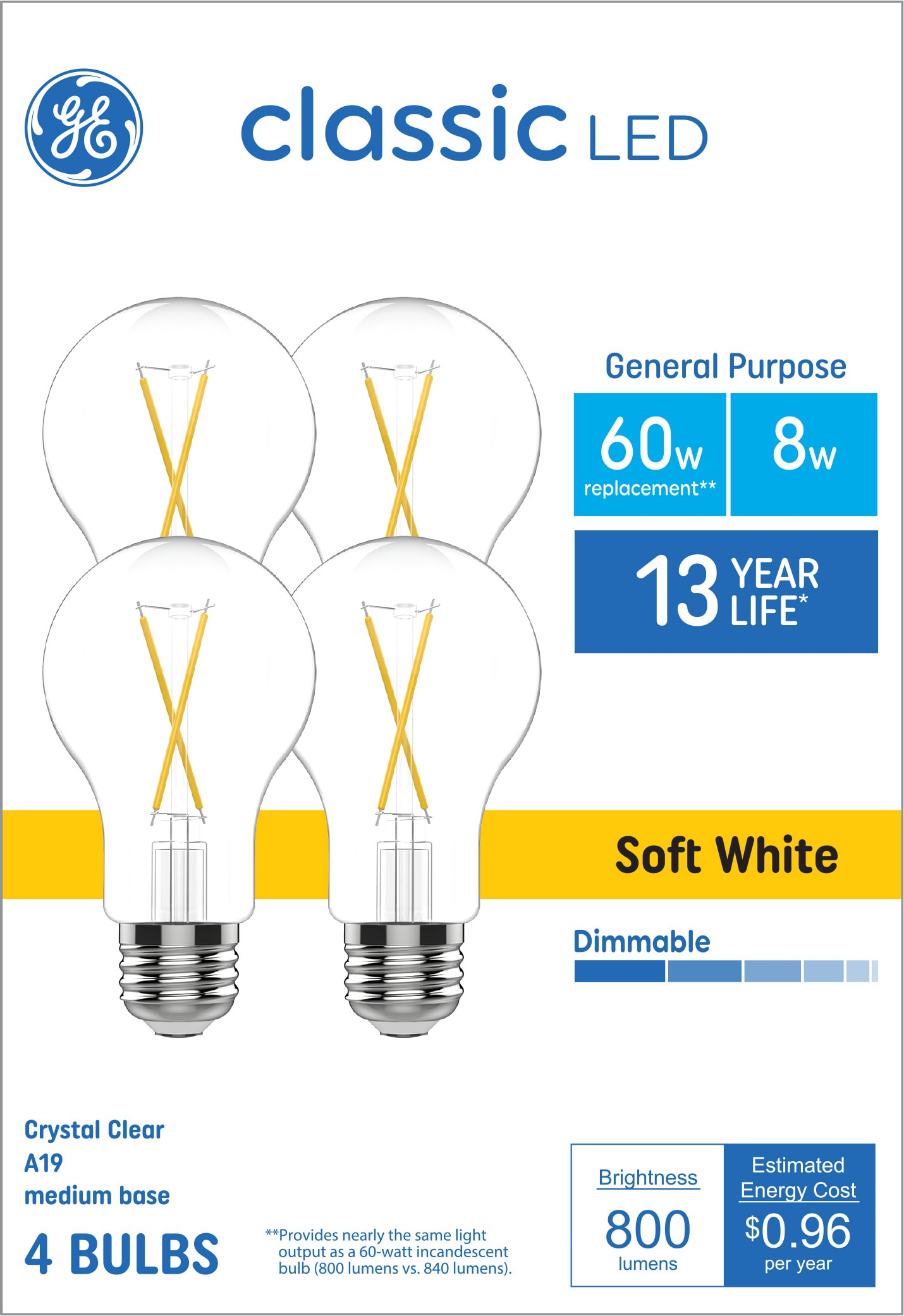 GE 60-Watt EQ A19 Soft White Medium Base (e-26) Dimmable LED General ...