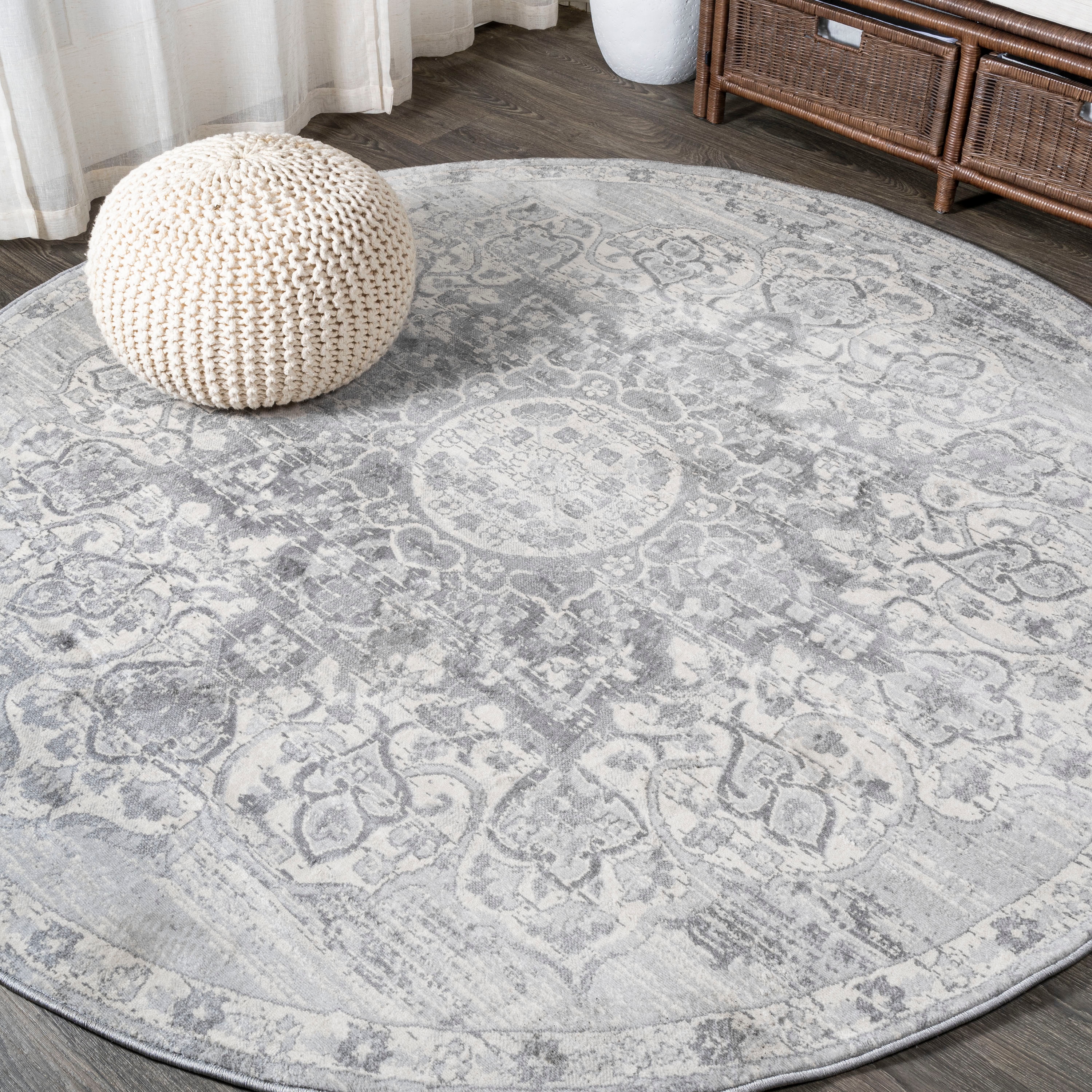 JONATHAN  Y MDP103B-5R MODERN PERSIAN Vintage Moroccan 5 x 5 (ft) Loomed Polypropylene Light Gray Round Indoor Medallion Persian Area rug