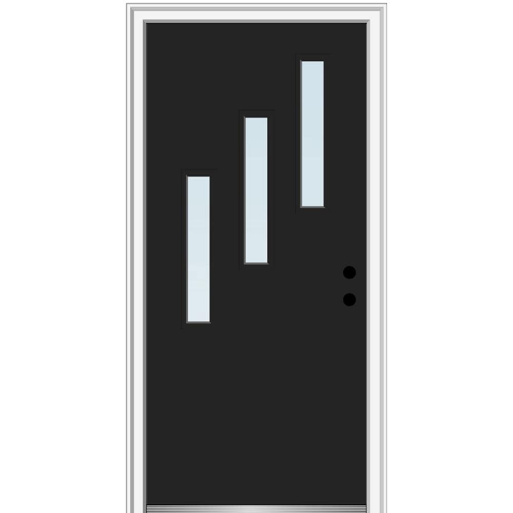 MMI DOOR ZZ346785L Spotlights 32-in x 80-in x 4-9/16-in Fiberglass Pulse lite Left-hand inswing Black Painted Prehung Front Door with Brickmould Insulating core