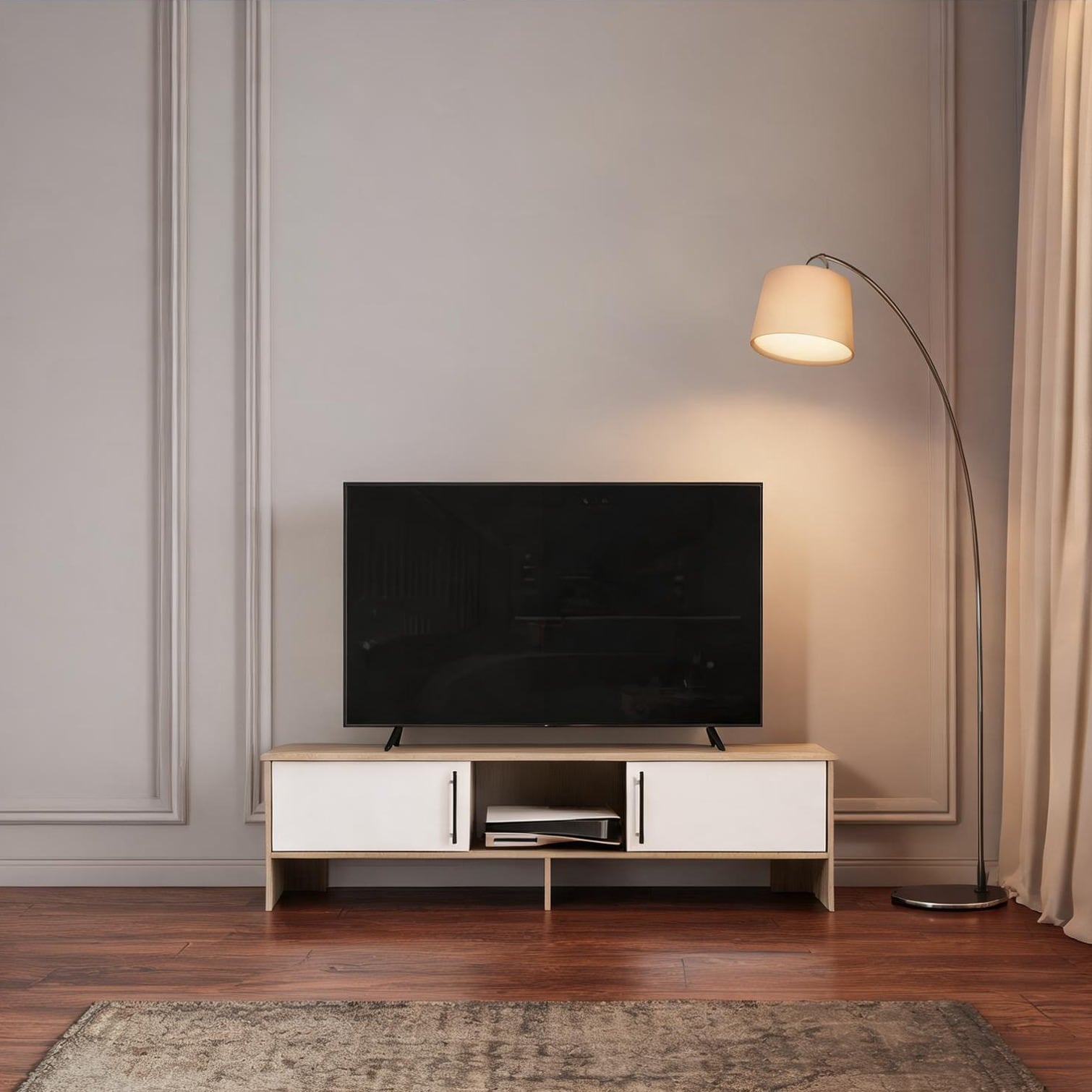 Naturefalls Modern Low-Profile 65 TV Console in Beige with White Finish Open Storage Engineered Wood Entertainment Stand | G8ZN19217BFC