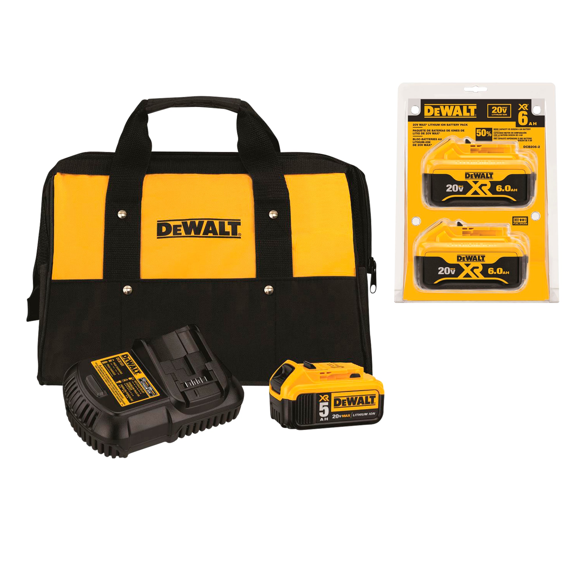 DEWALT 20-Volt 2-Pack; 6 Amp-Hour Lithium Power Tool Battery Kit & XR 20-Volt Max 5 Amp-Hour Lithium Power Tool Battery Kit (Charger Included)
