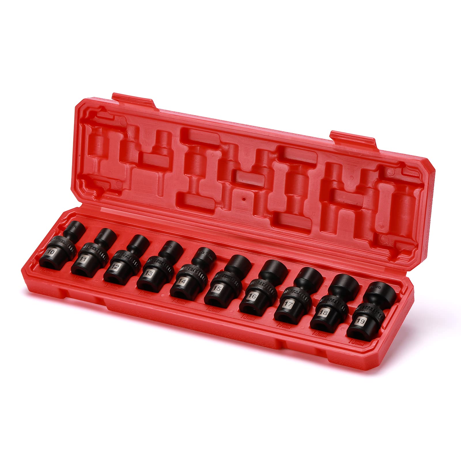 Linder Group Inc Universal impact socket Set 3 8 inch drive shallow metric 6 point 10 pcs flexible swivel sockets 10mm to 19mm chrome molybdenum steel with
