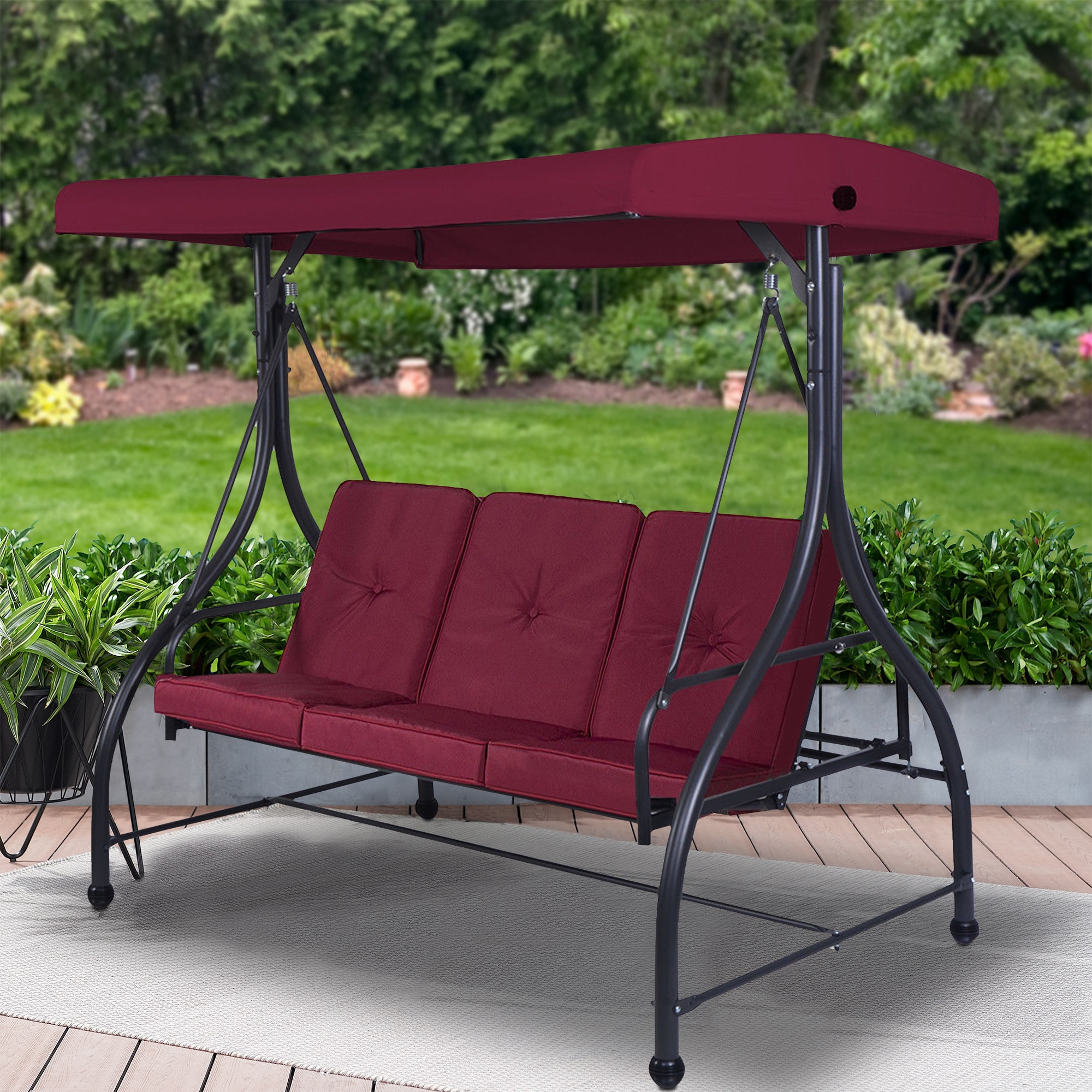 CASAINC 3-person Wine Red Steel Outdoor Swing in the Porch Swings ...