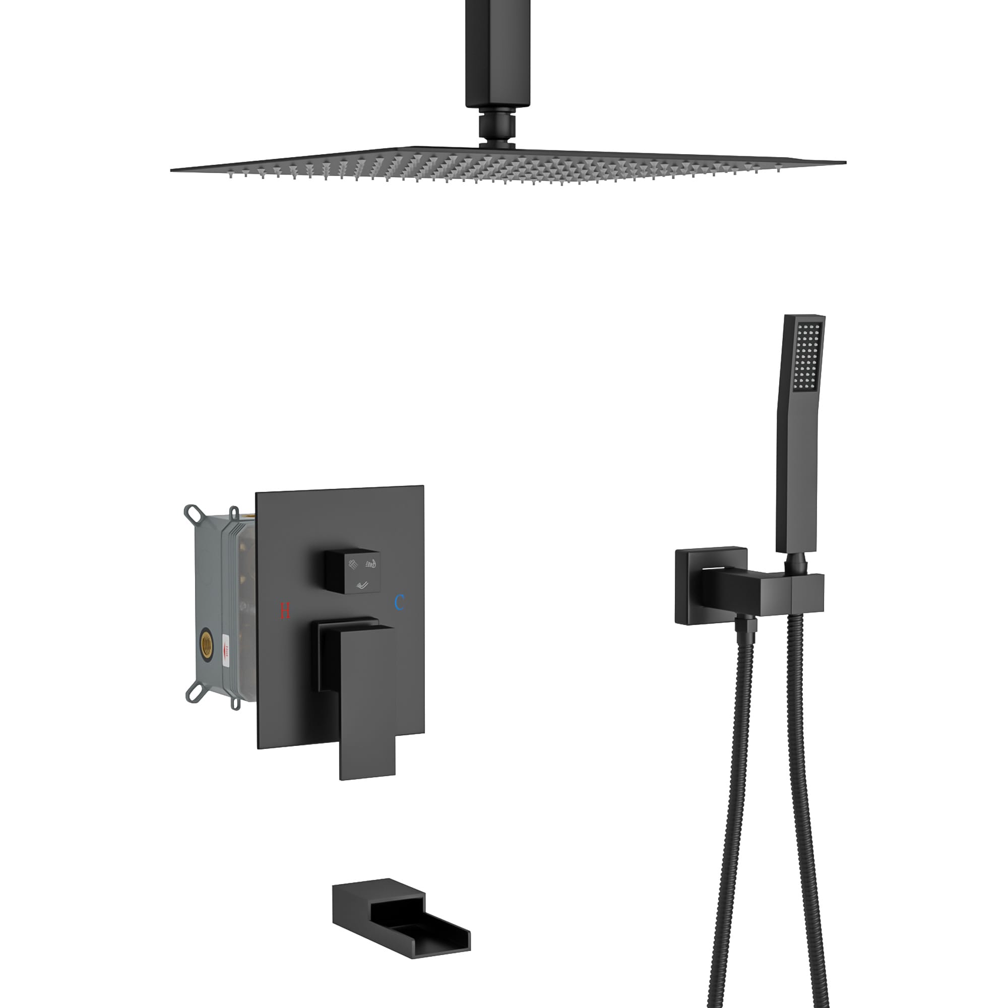Mondawe MOEB113-10MB Matte Black 10-in Dual Head Built-In Shower Faucet System with 3-way Diverter ( Pressure-balanced Valve Included )