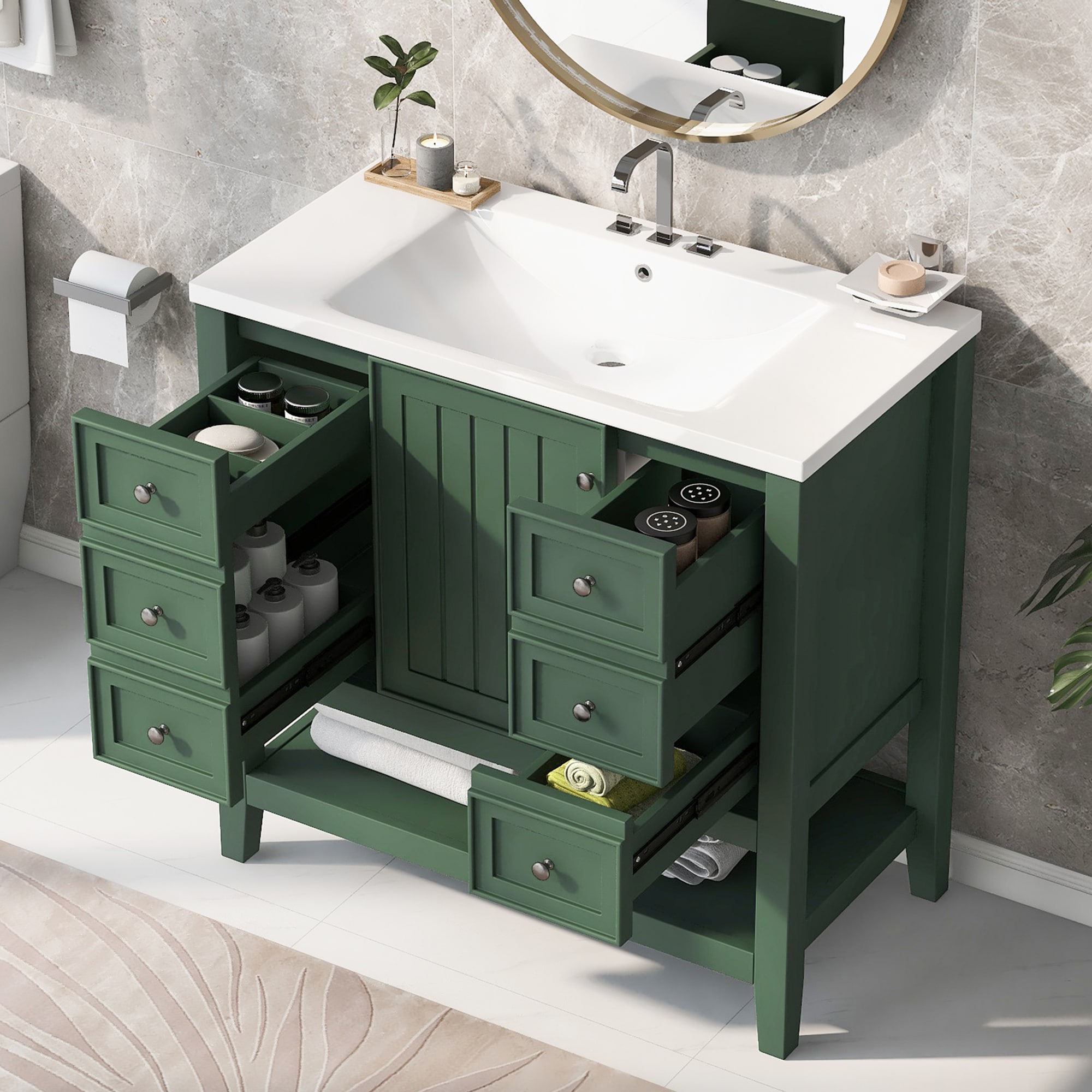 ModernLuxe L3P-SY999505AAG-6 36inch Bathroom Vanity with Sink Combo One Cabinet and Three Drawers Solid Wood and MDF Board Green