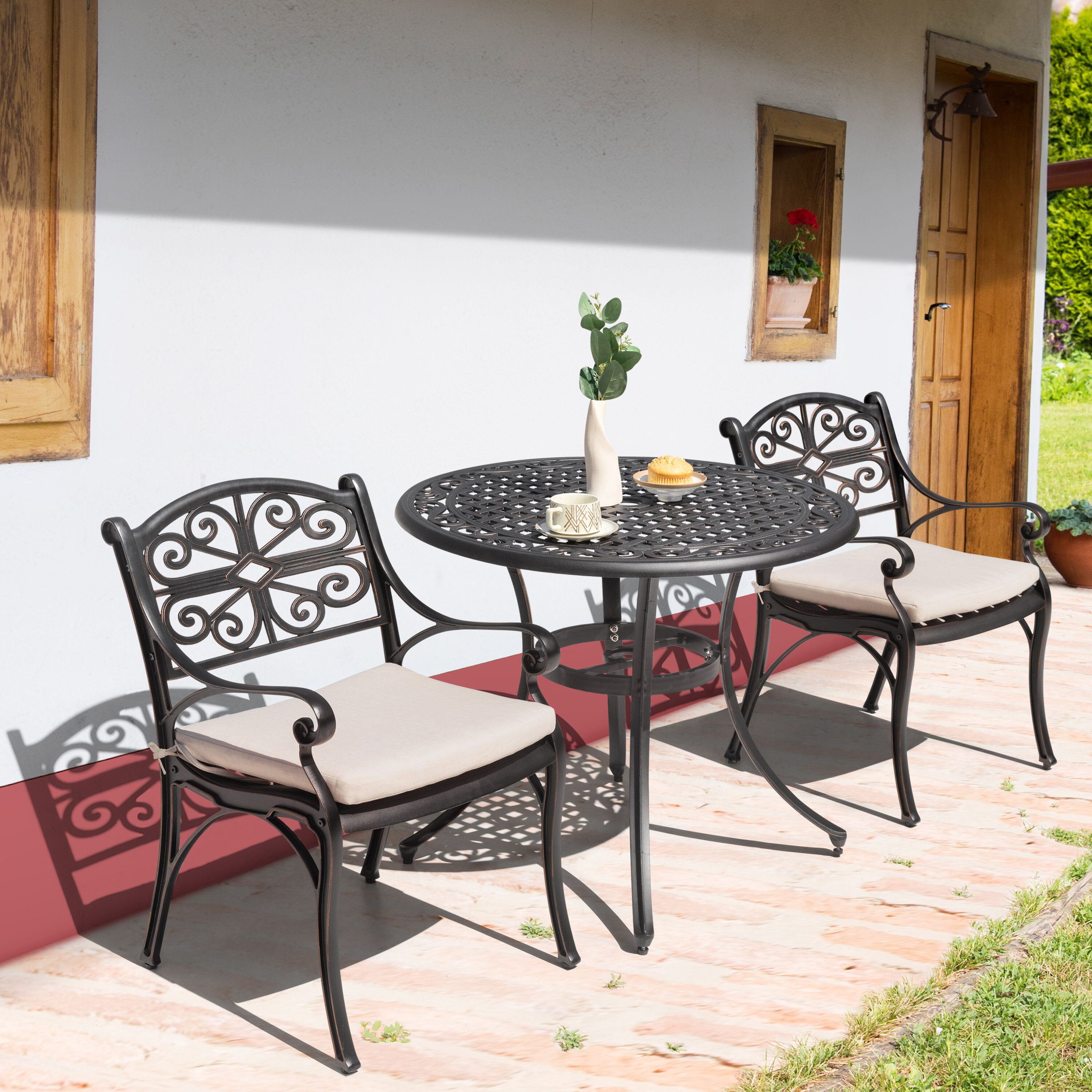 Nuu Garden SCD003-T02A-0243 3-Piece Black Bistro Patio Dining Set Aluminum Round Table with 2 Stationary Chairs
