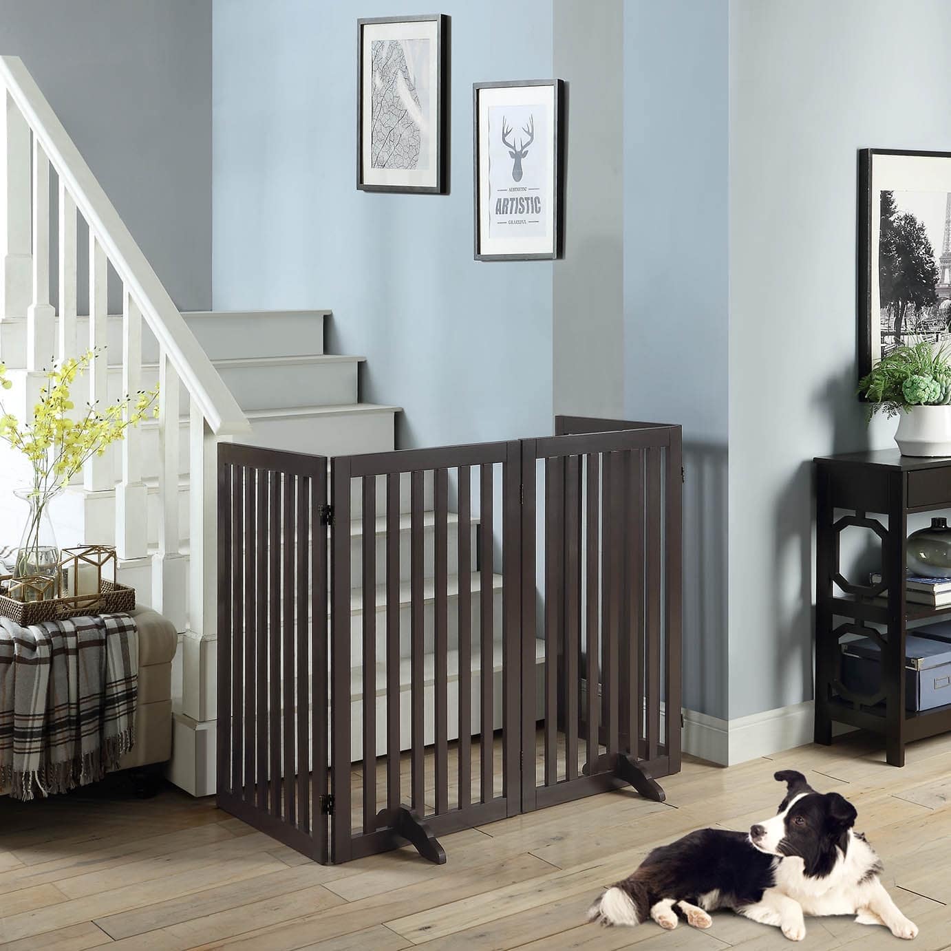 UNIPAWS Freestanding Pet Gate 36 Inches Height 4 Panels Espresso