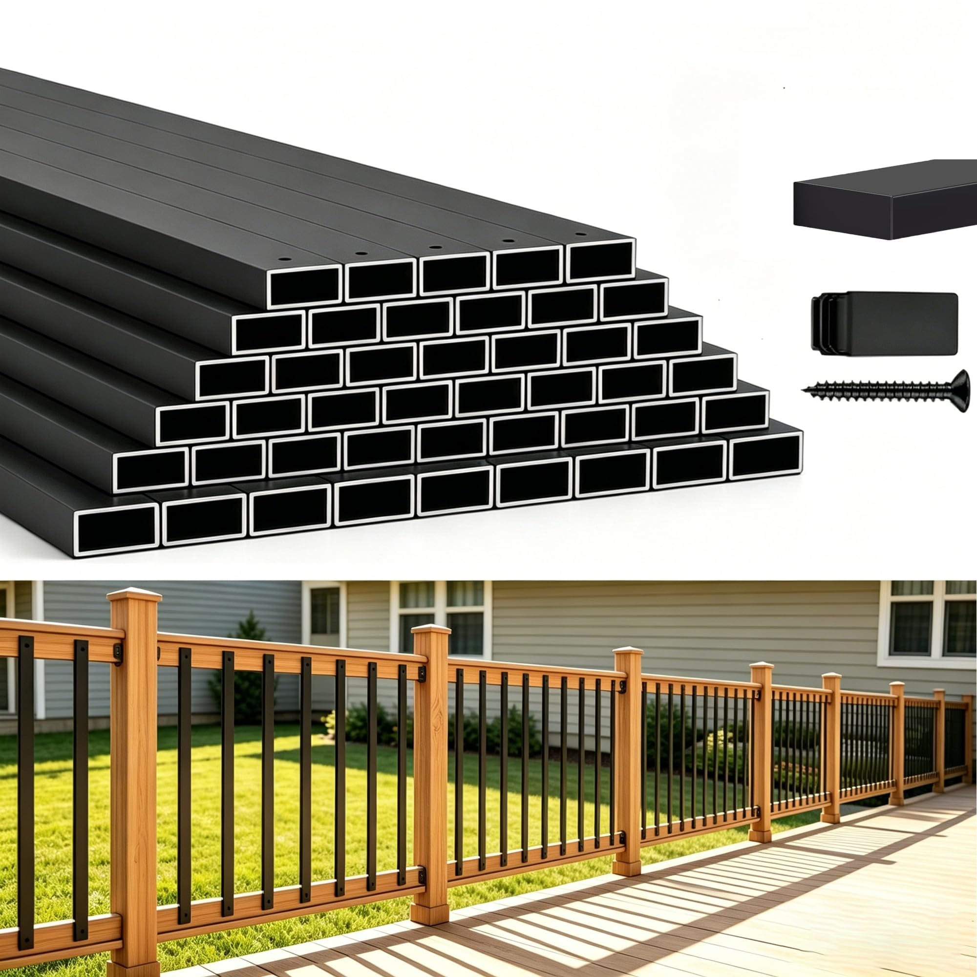 ITOPFOX  25 pack 36 inch rectangle deck balusters with end caps and stainless screws outdoor metal railing spindles for porch stair balcony fits