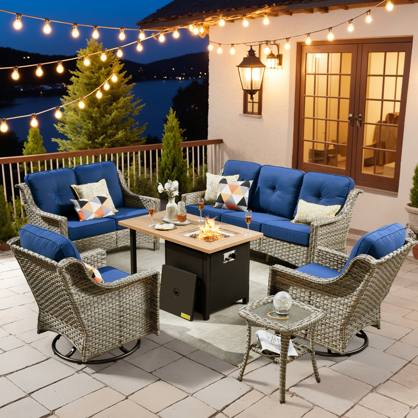 XIZZI XIPADF7165-RC3DFP Pyrophyllite 6 -Piece Rattan Patio Sofa Conversation Set with Blue Cushions