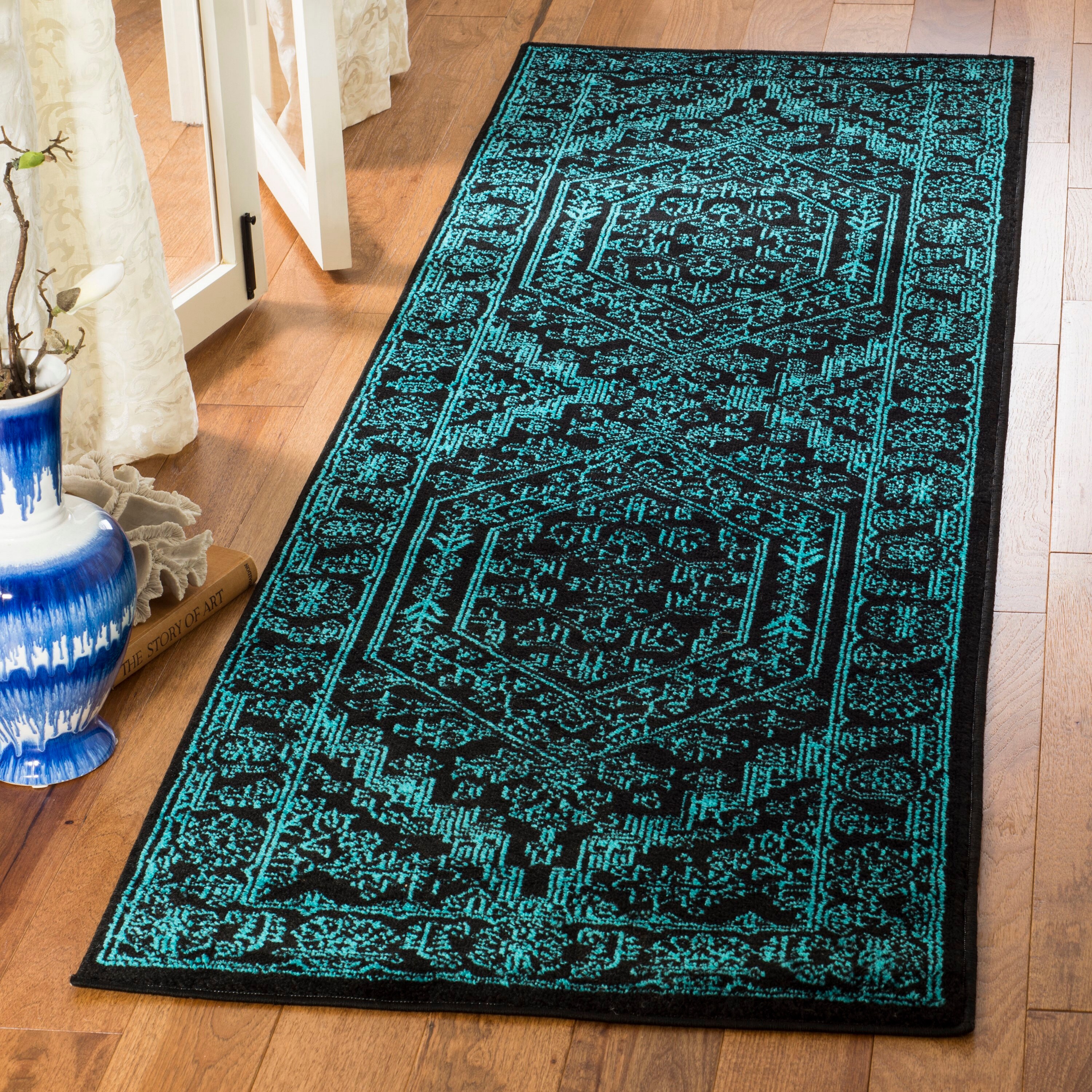 Safavieh ADR108K-28 Adirondack Herati 3 x 8 (ft) Loomed Polypropylene Black/Teal Rectangular Indoor Distressed/Overdyed Lodge Runner rug