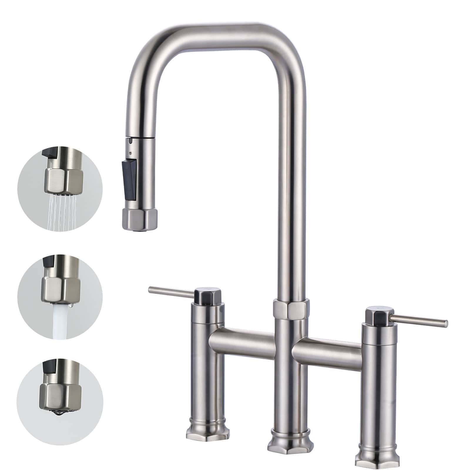 ARCORA Double Handle Deck Mounted Bridge Kitchen Faucet with Pull Down 3 Sprays Head in Brushed Nickel