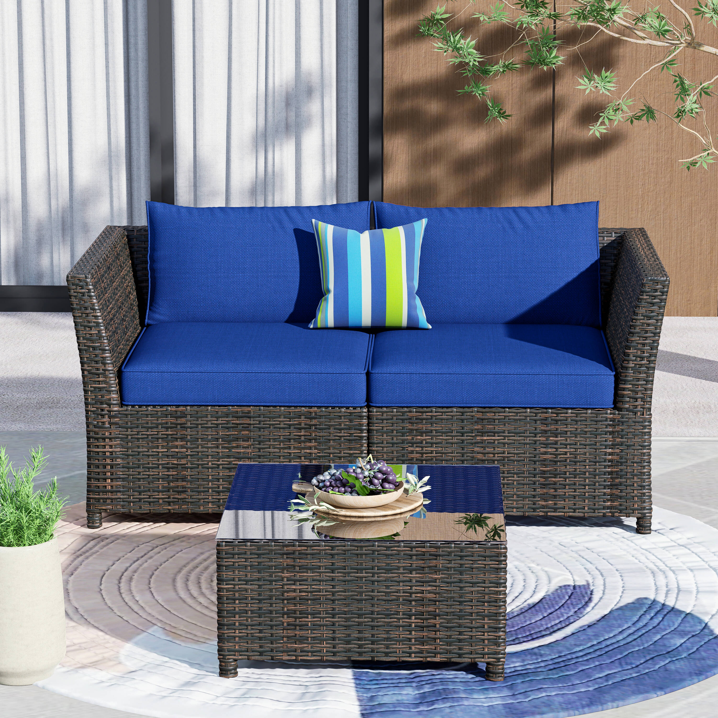 Pouuin SRSA101 3-Piece Rattan Patio Conversation Set with Blue Cushions
