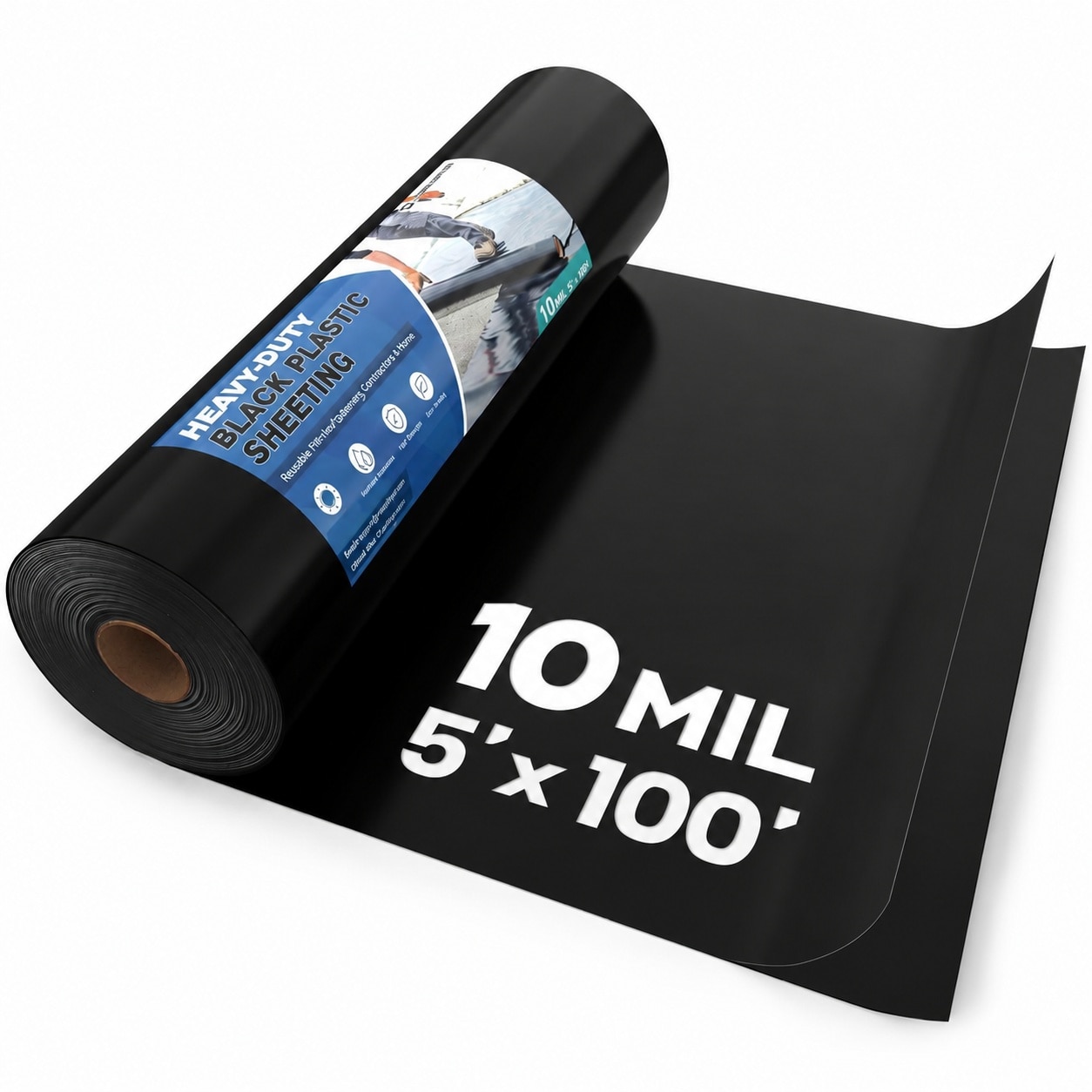 UUDULY  Heavy Duty Black Plastic Sheeting 10 Mil Thick 5 Foot by 100 Foot Roll Vapor Barrier for Crawl Space Basement Garden and Construction Use