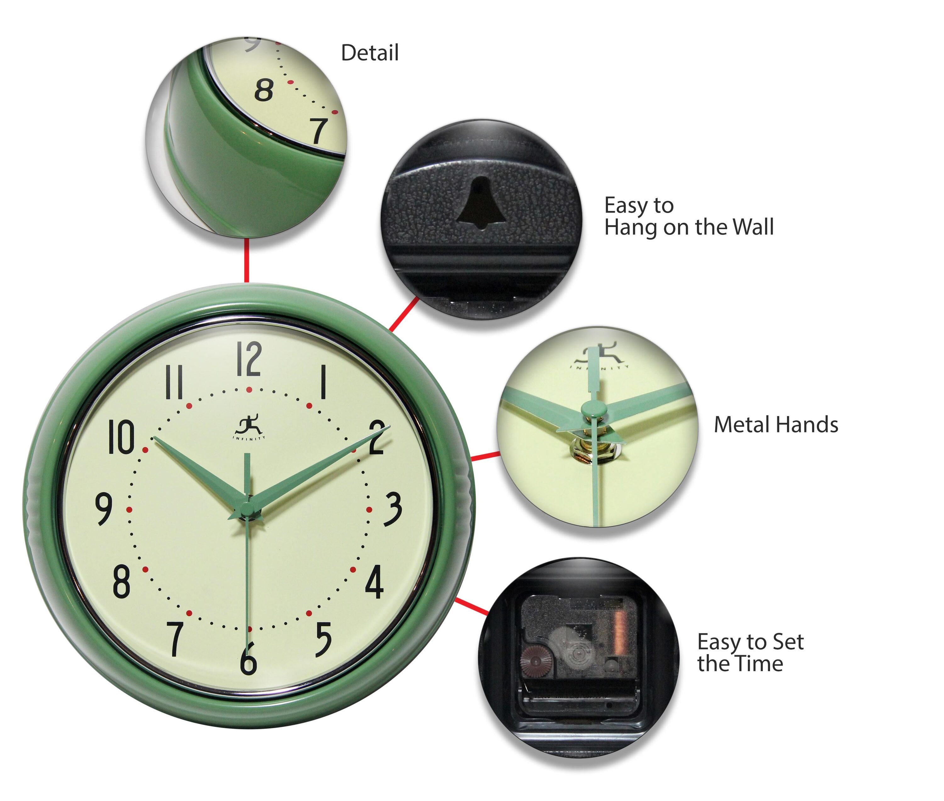 9.5" Green Retro Metal Wall Clock with Cream Face