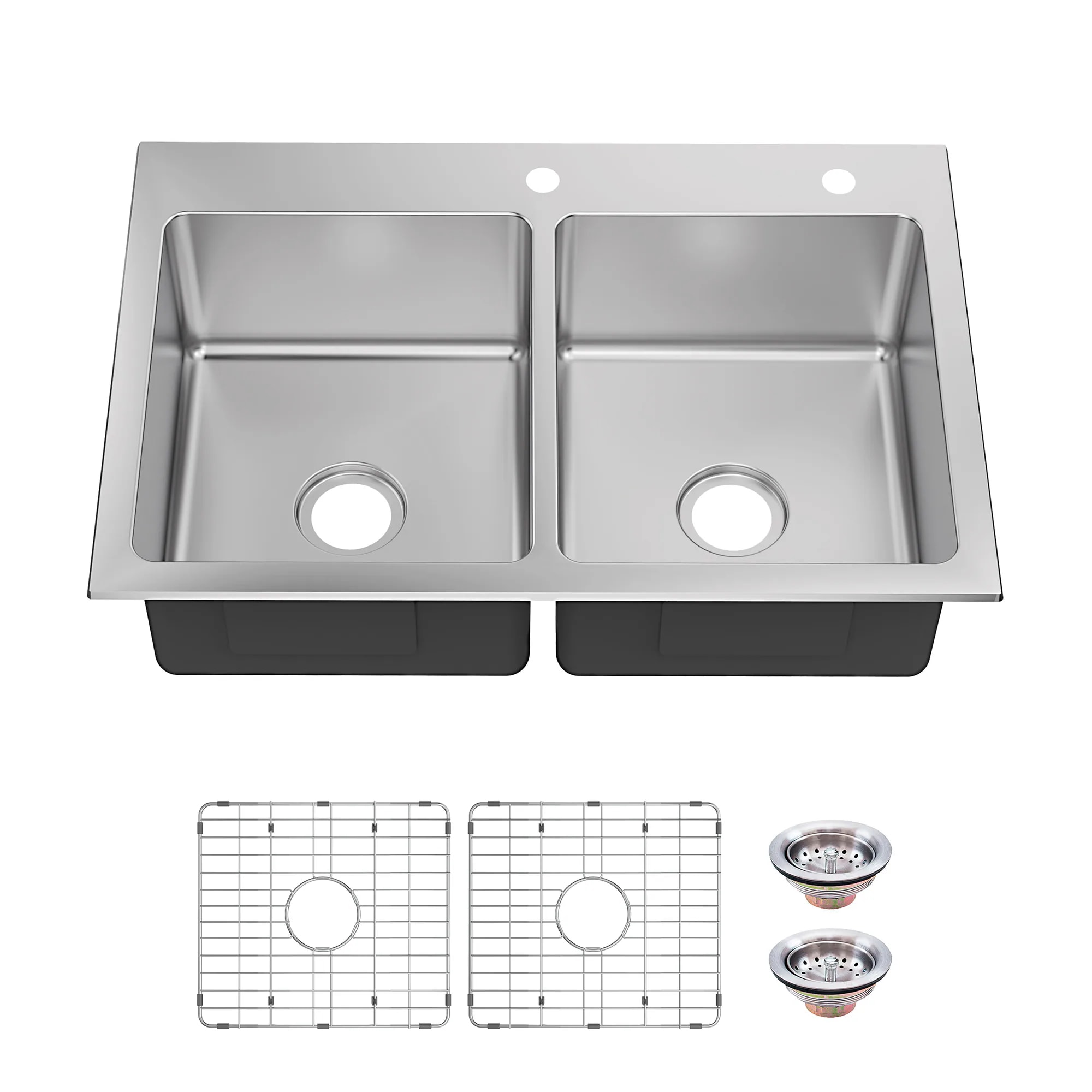 Project Source VDR3322LA092-P Drop-in or undermount 33-in x 22-in Stainless steel Double equal bowl 18 -Gauge Workstation Kitchen Sink