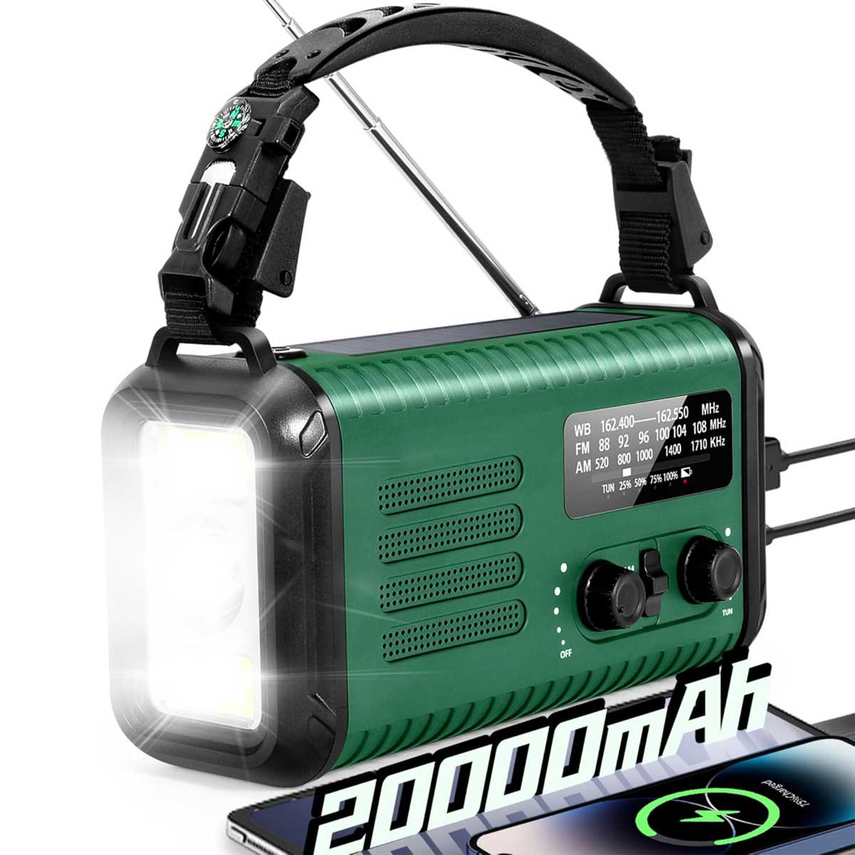 Aoibox LAWR0917014 Emergency Crank Solar Radio with NOAA AM FM Weather Alerts Hand Crank Power Cell Phone Charger Reading Lamp Flashlight SOS for Emergencies Home Green