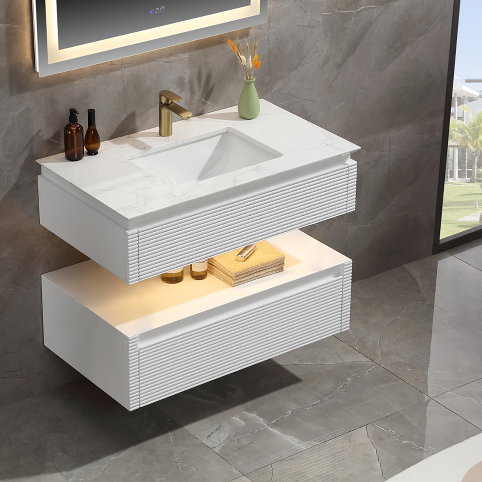 WELLFOR EX-UNBV36WH Morgen Bathroom Vanities with Top and LED Lights 36-in White Undermount Single Sink Floating Bathroom Vanity with Carrera White Engineered Marble Top