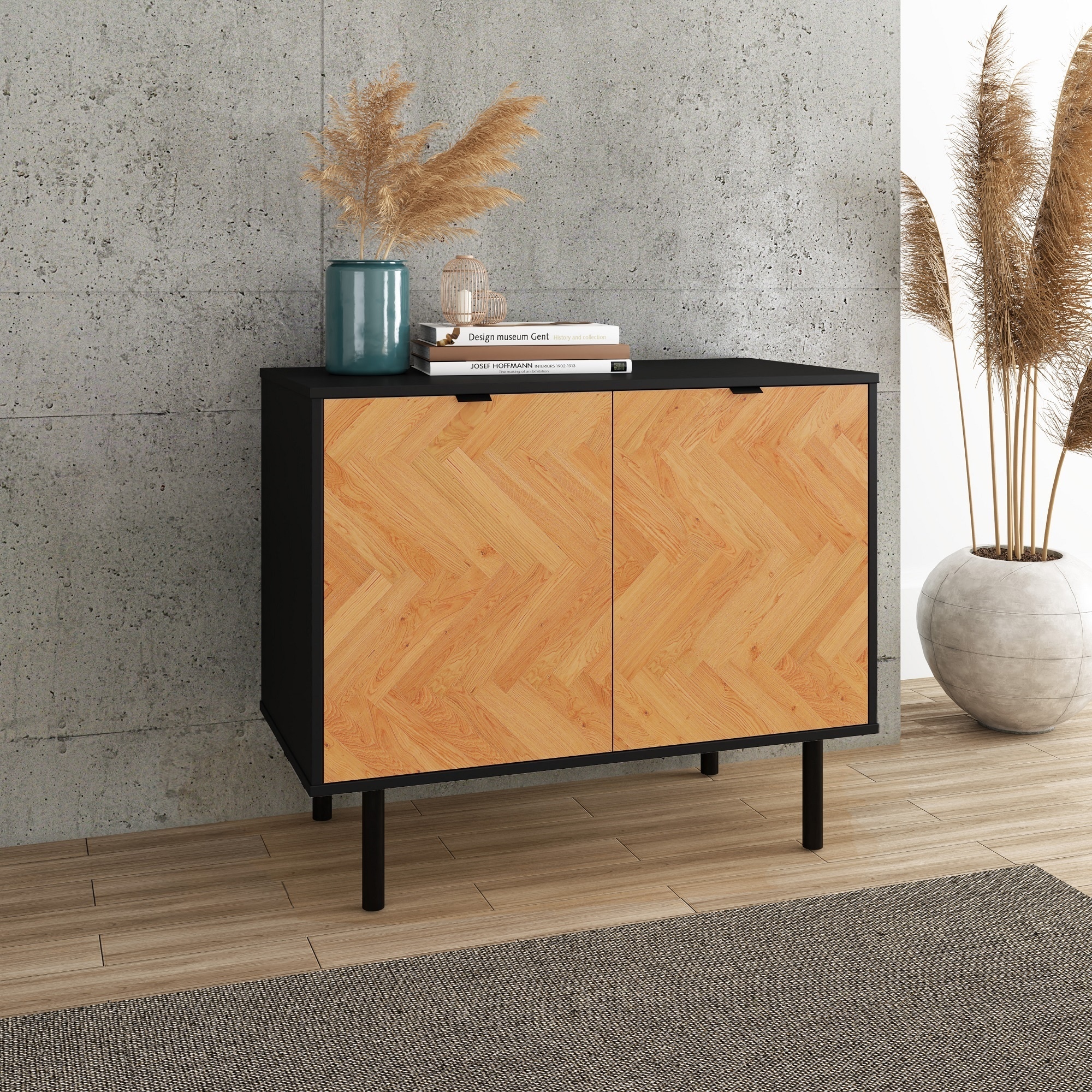 Manhattan Comfort AC-310AMC247 35.43-in W 2-Door Black and Wood Print Accent Cabinet