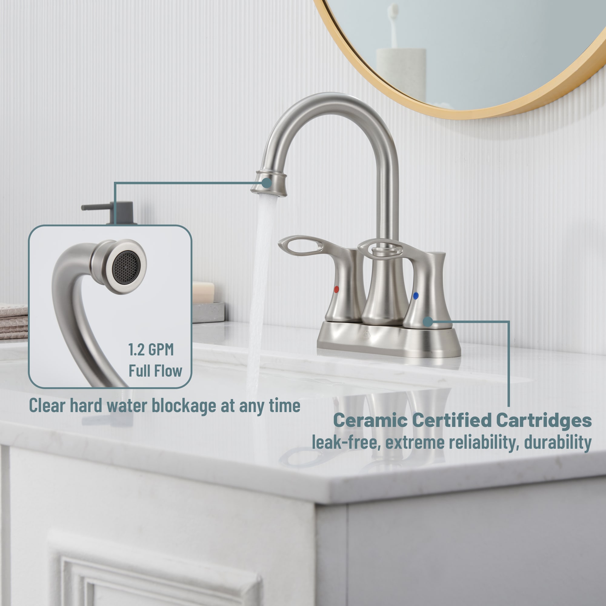 Brushed Nickel Dual Handle High Arc Bathroom Faucet with Metal Drain
