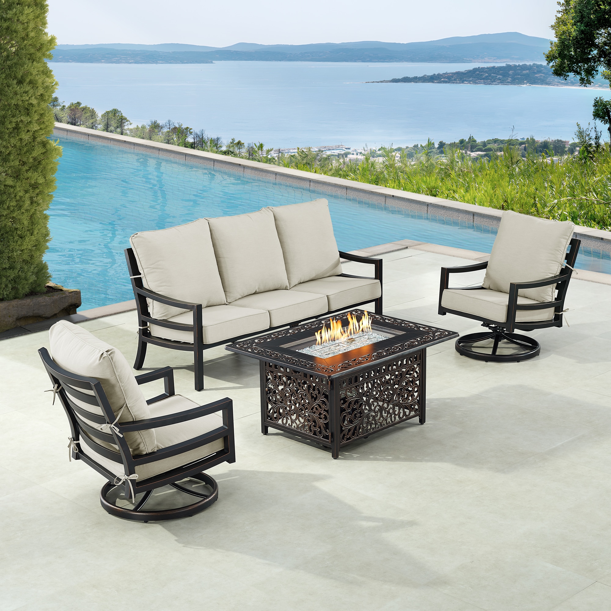 Oakland Living HUDSON1SF2CHCABOSLGC Fire Pit Table Set, Sofa and Two Lounge Chairs 15-Piece Patio Sofa Conversation Set with Gray Cushions