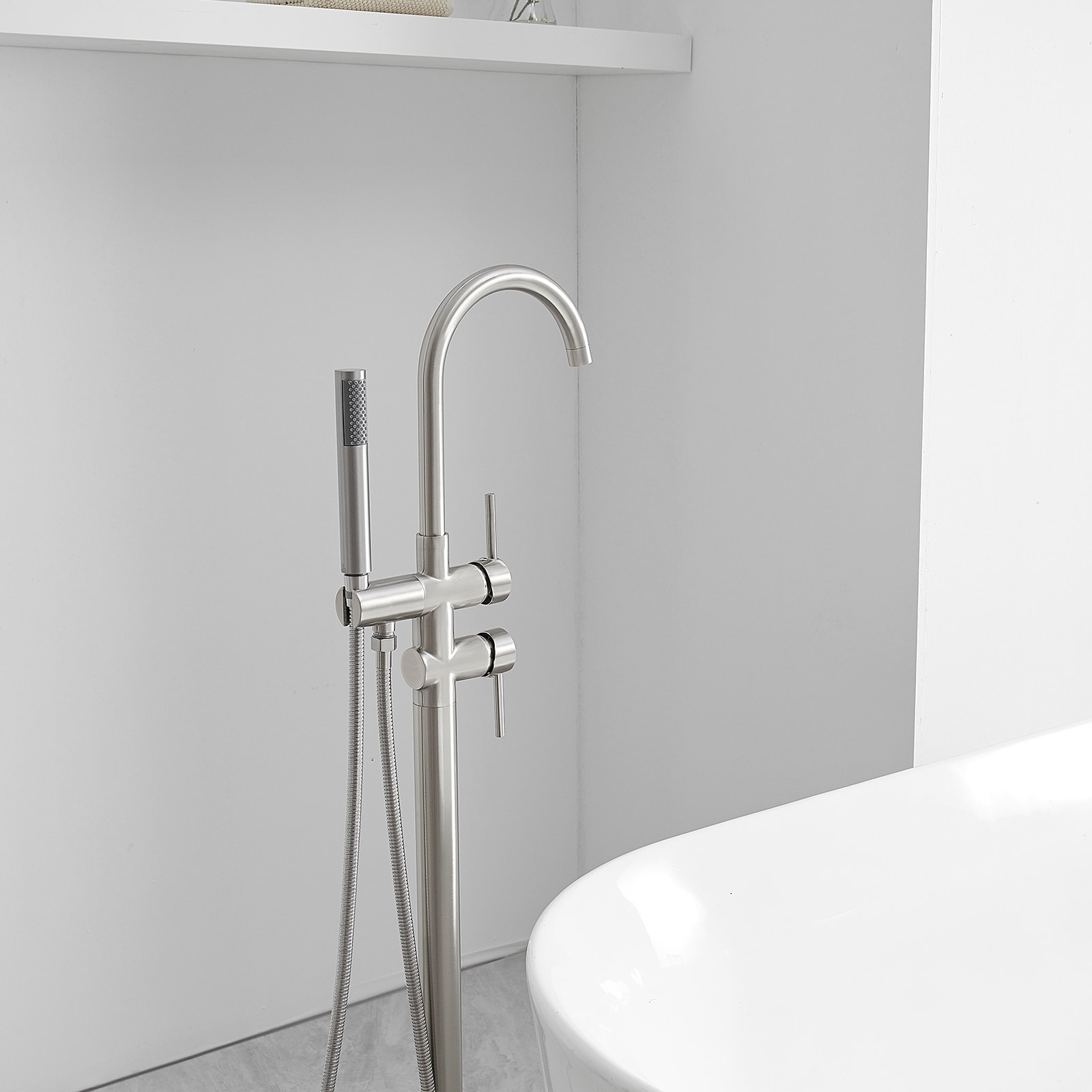 Brushed Nickel Freestanding Tub Filler with Hand Shower