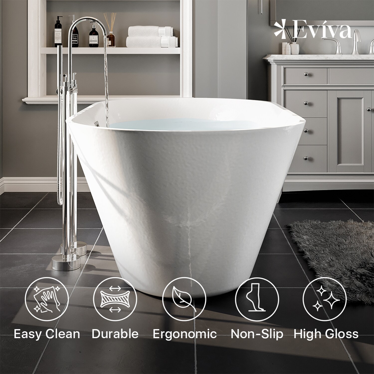 Eviva 32in x 67in White Acrylic Freestanding Soaking Bathtub with