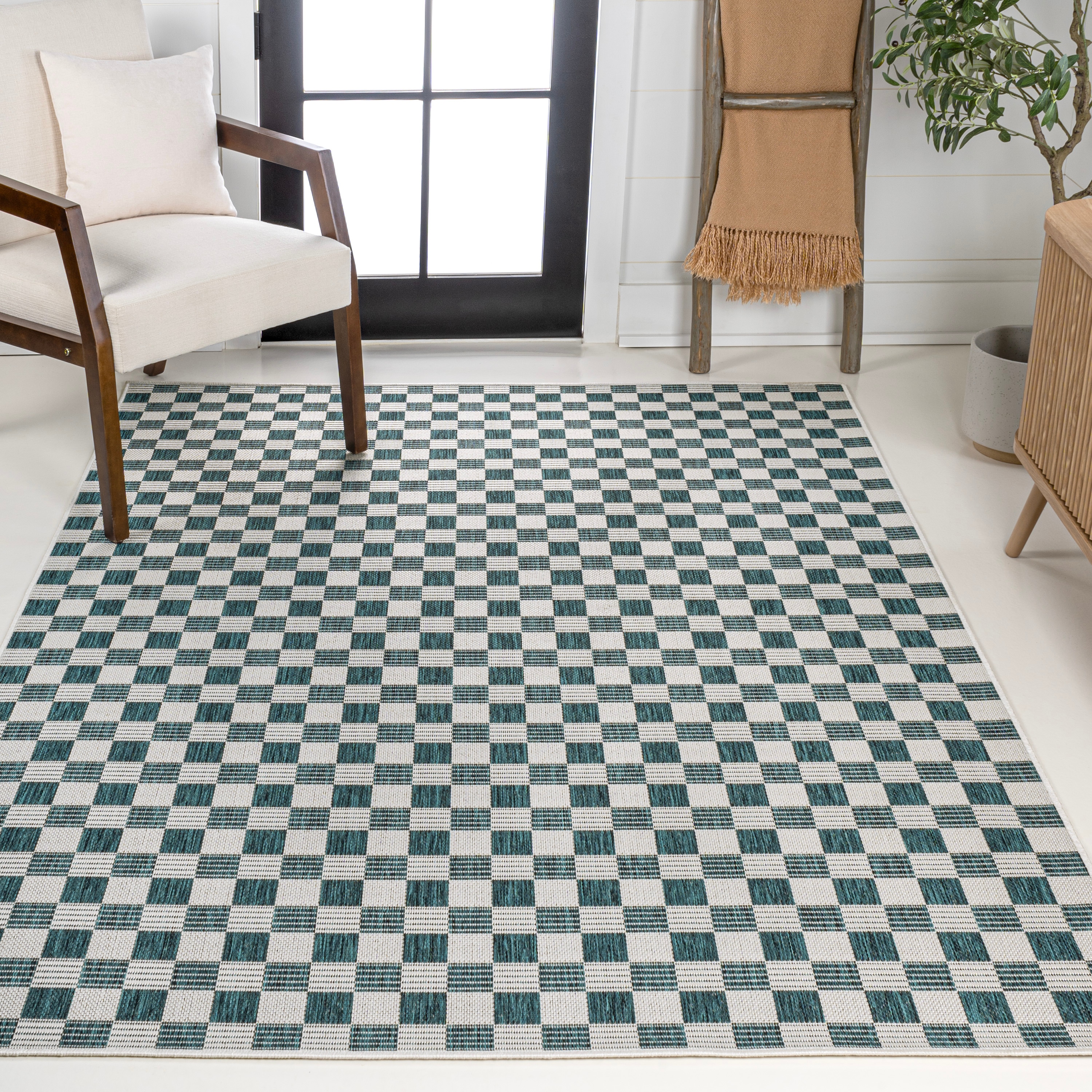 JONATHAN  Y TSN204E-8 TUSCAN SUN Aimee Checkerboard 8 x 10 (ft) Loomed Polypropylene Turquoise/Cream Rectangular Indoor/Outdoor Geometric Farmhouse/Cottage Area rug