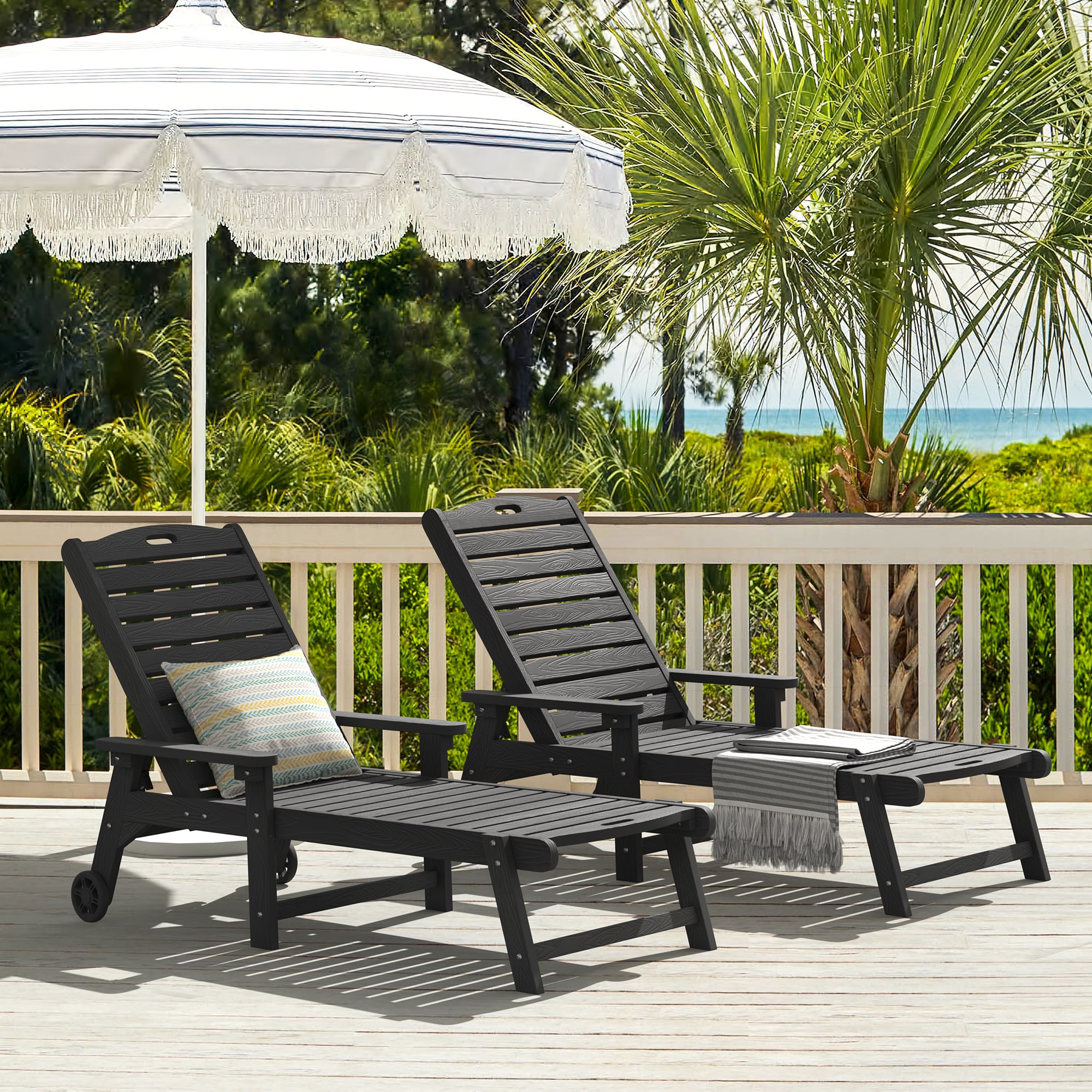 LUE BONA 2LB23OLC0001-100LS Set of 2 Black HDPE Frame Stationary Chaise Lounge Chair with Slat Seat