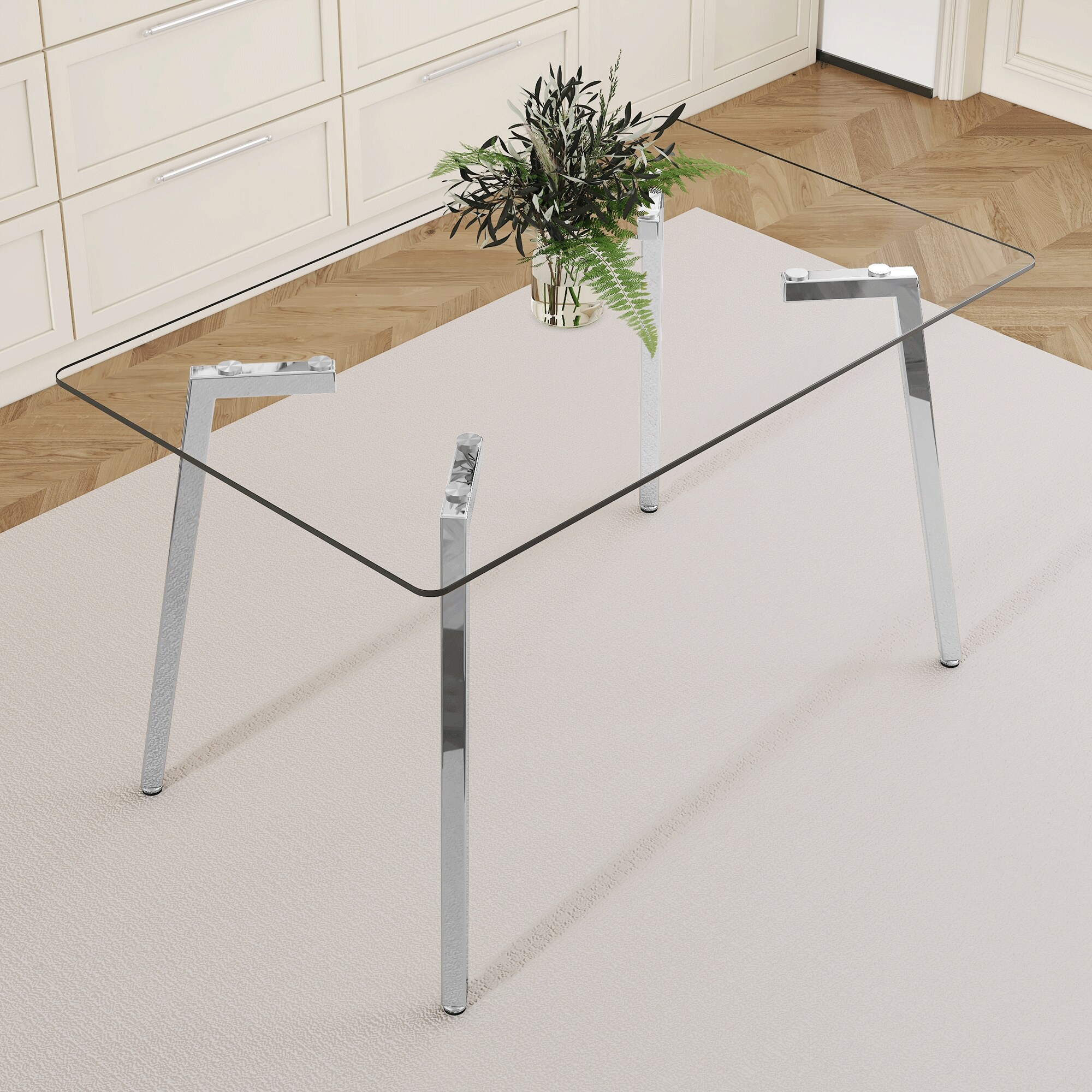 Tatayosi JL-3P278013 rectangular dining table: transparent glass paired with silver  seven character legs; showcasing a luxurious texture; Suitable for various places such as kitchens; dining rooms;etc