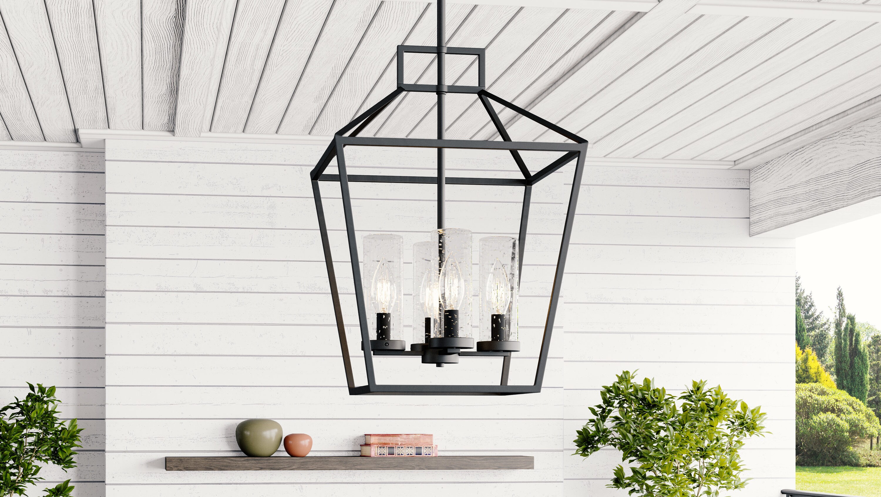 Quoizel Jett 4 Light Black Transitional Seeded Glass Lantern Outdoor Hanging Pendant Light In