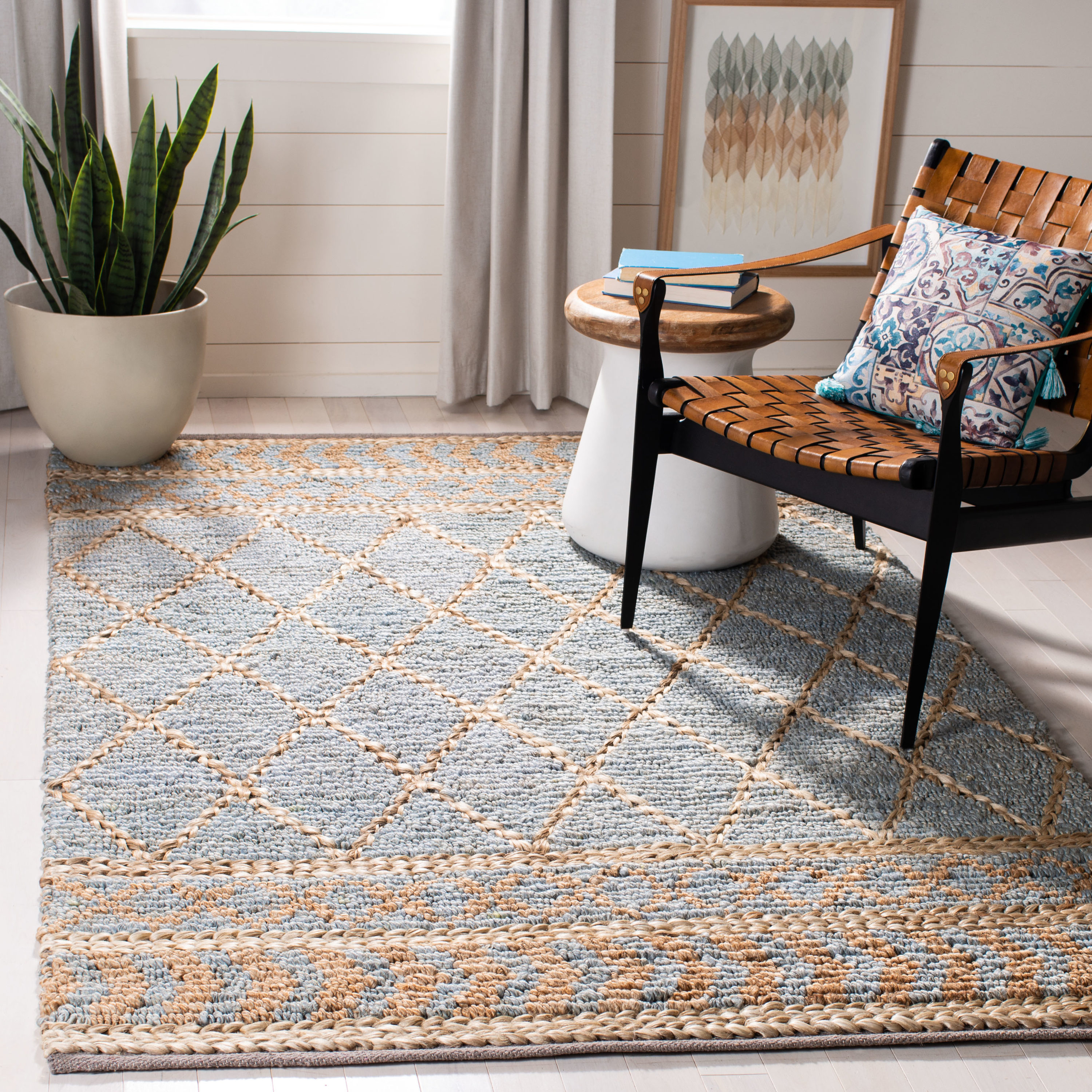 Handwoven Blue and Natural Cotton Rectangular Area Rug