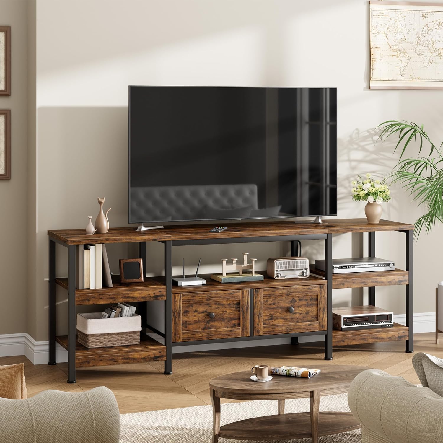 Qeetex LHF-DSG-PHO-34YTWYK4 71inch Modern-Industrial TV Stand with 2 Fabric Drawers Entertainment Center for TVs Up to 75inch Rustic Brown Media Console with Storage Shelves Open Design and Metal Frame Brown
