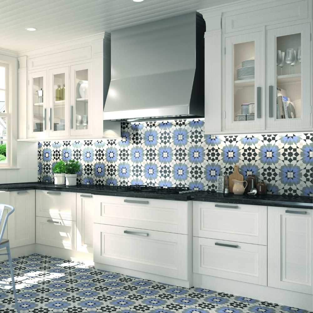 Garden Peony 8x8 Blue and Black Porcelain Floor and Wall Tile